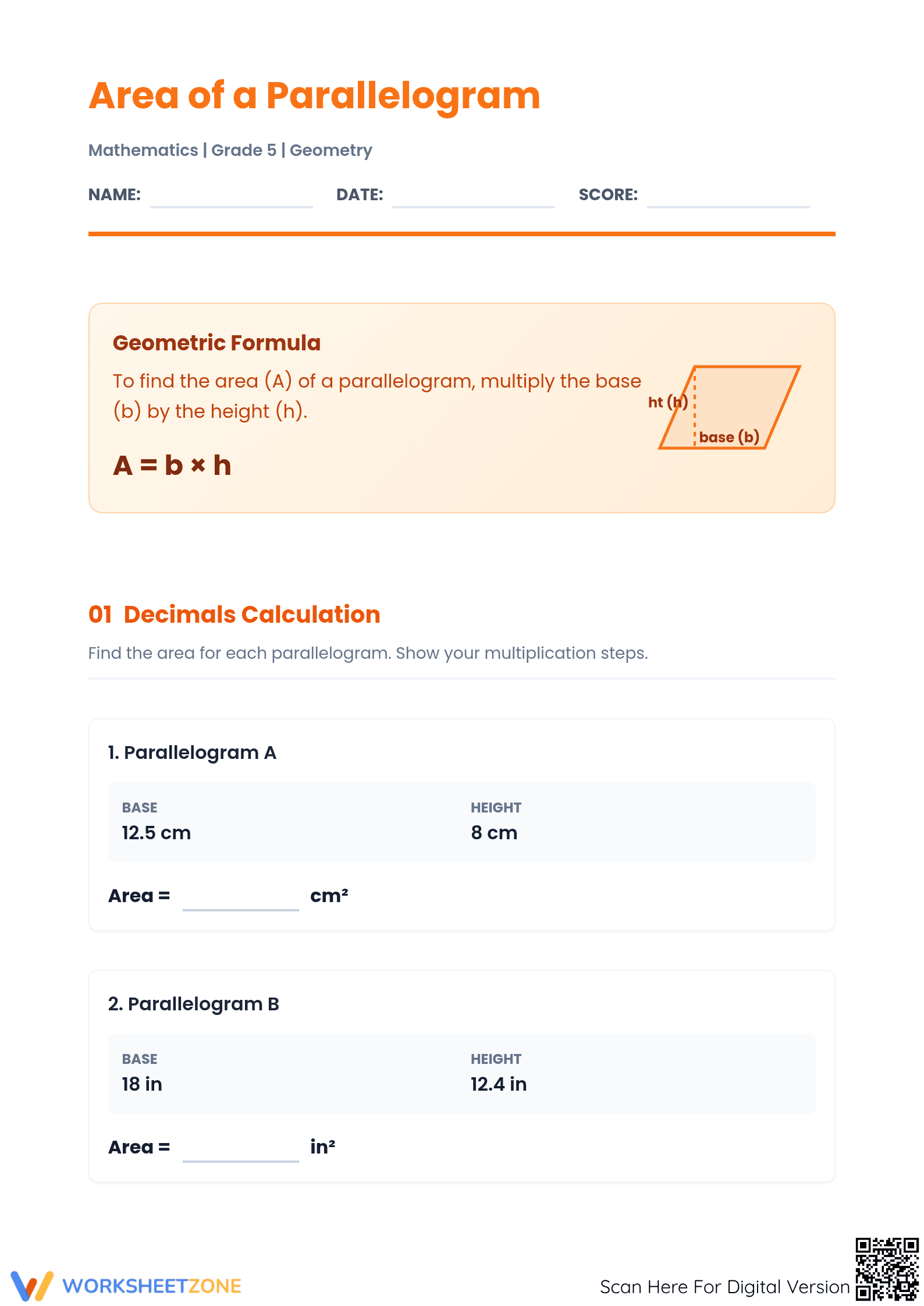 Area of Parallelogram Worksheet | Essential Grade 5 Math - Page 1