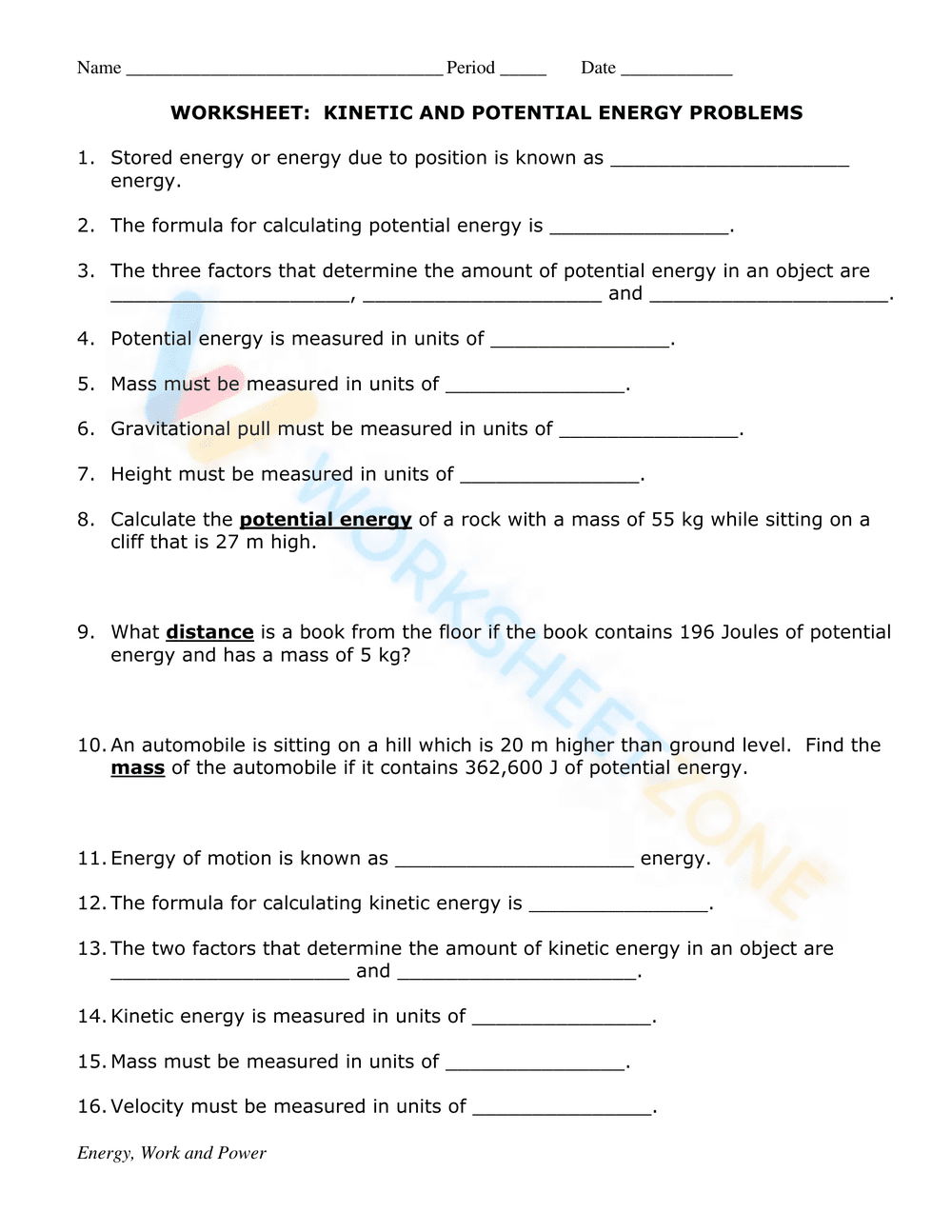 Kinetic and Potential Energy Worksheet | Grade 9 Printable - Page 1