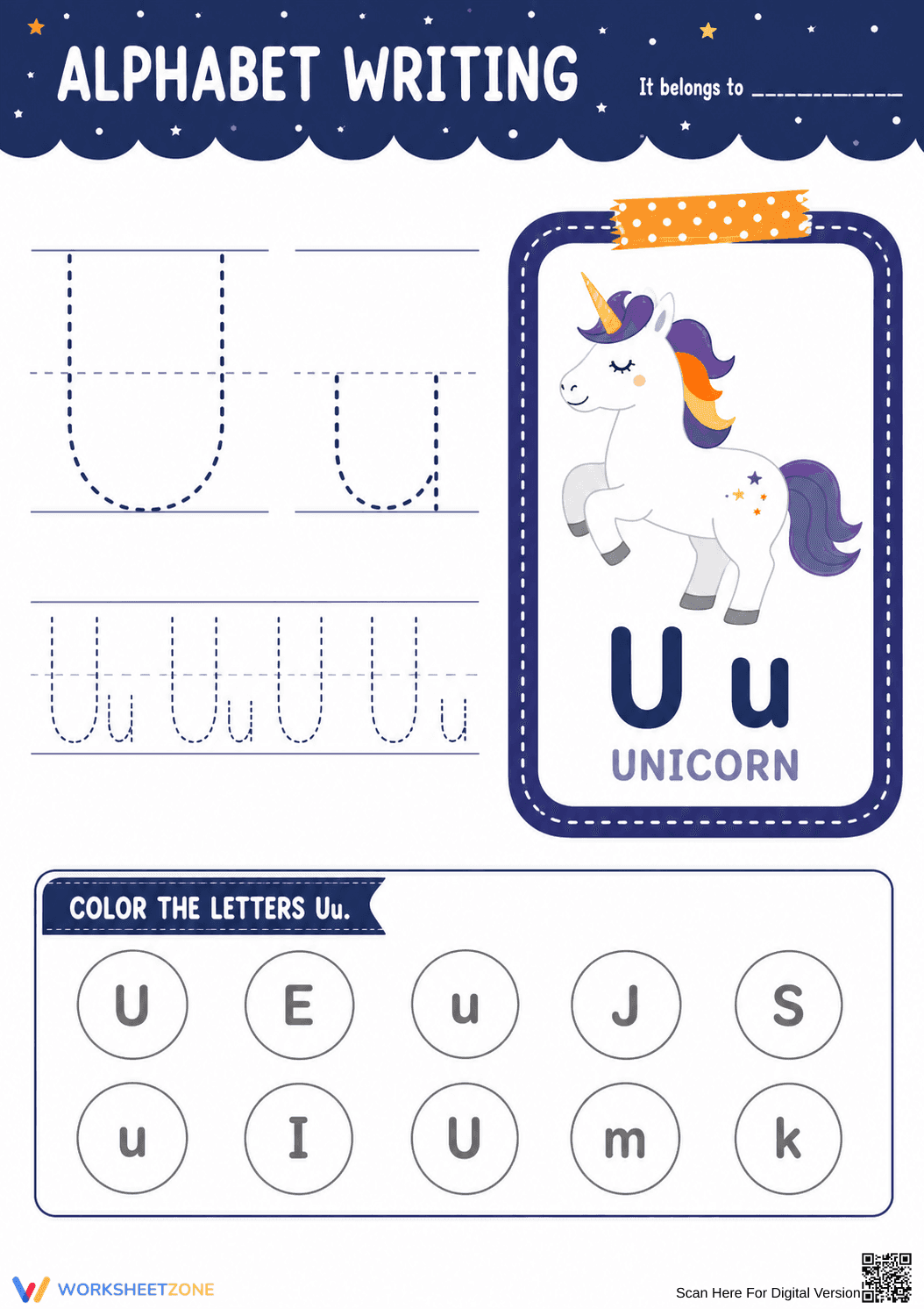 Printable Letter U Writing Worksheet | Grade K - Page 1