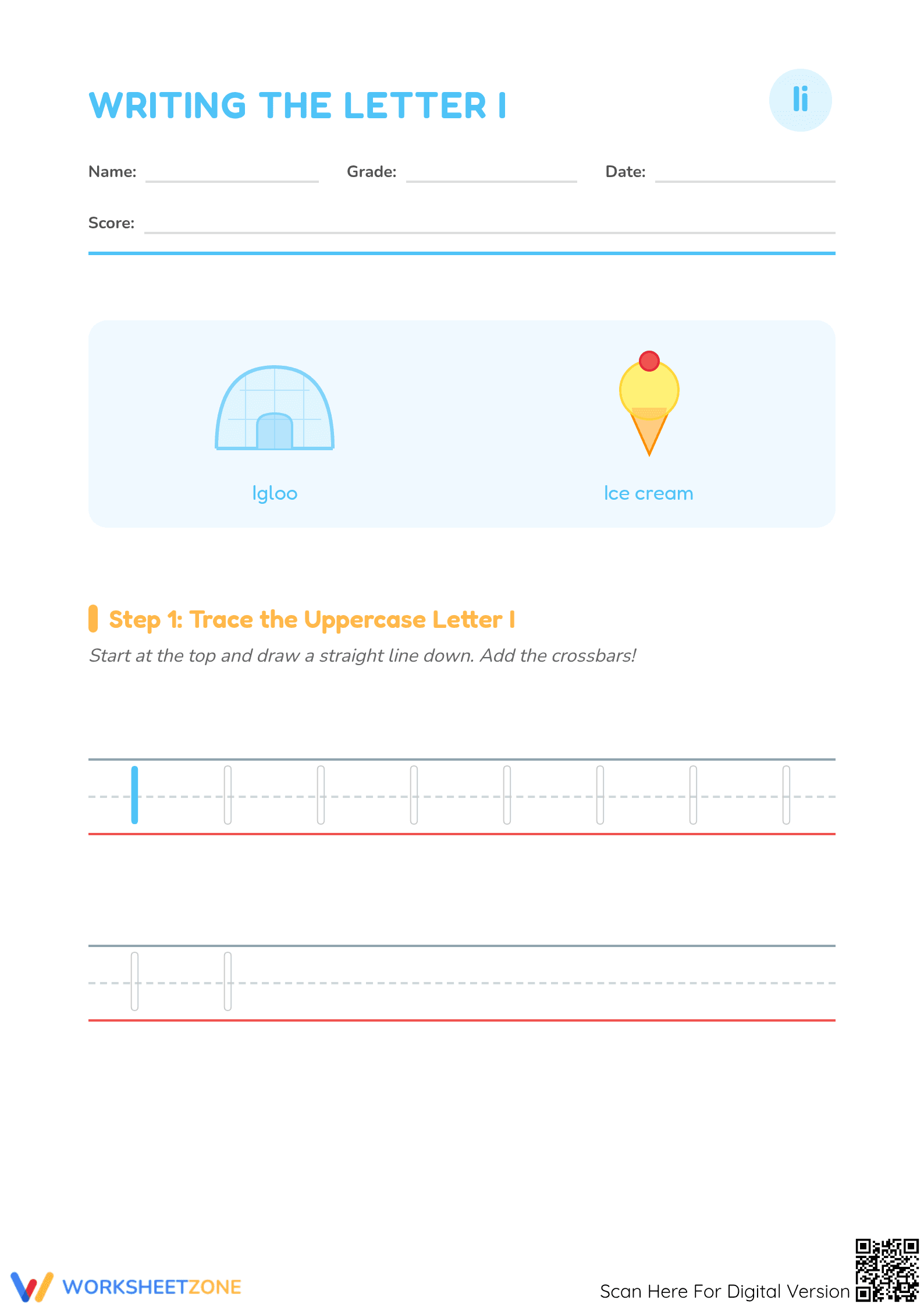 Writing the Letter I Worksheet | Essential Grade K-1 Phonics - Page 1