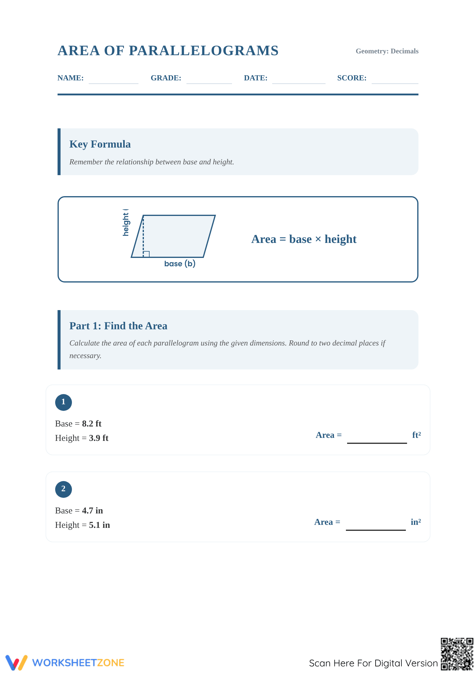 Essential Area of Parallelograms Decimals Worksheet Grade 5 - Page 1