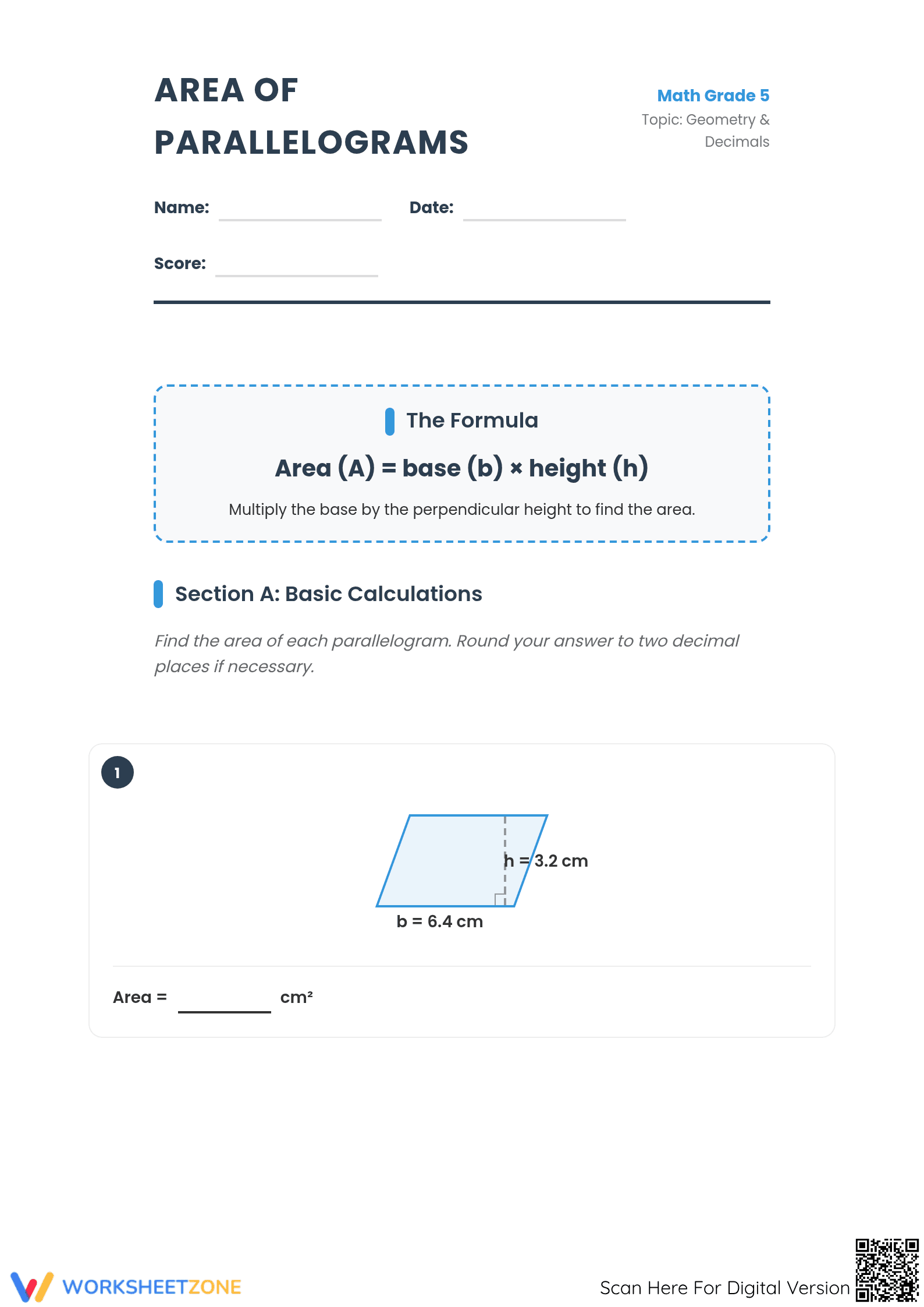 Area of Parallelograms Decimals | Essential Grade 5 Math - Page 1