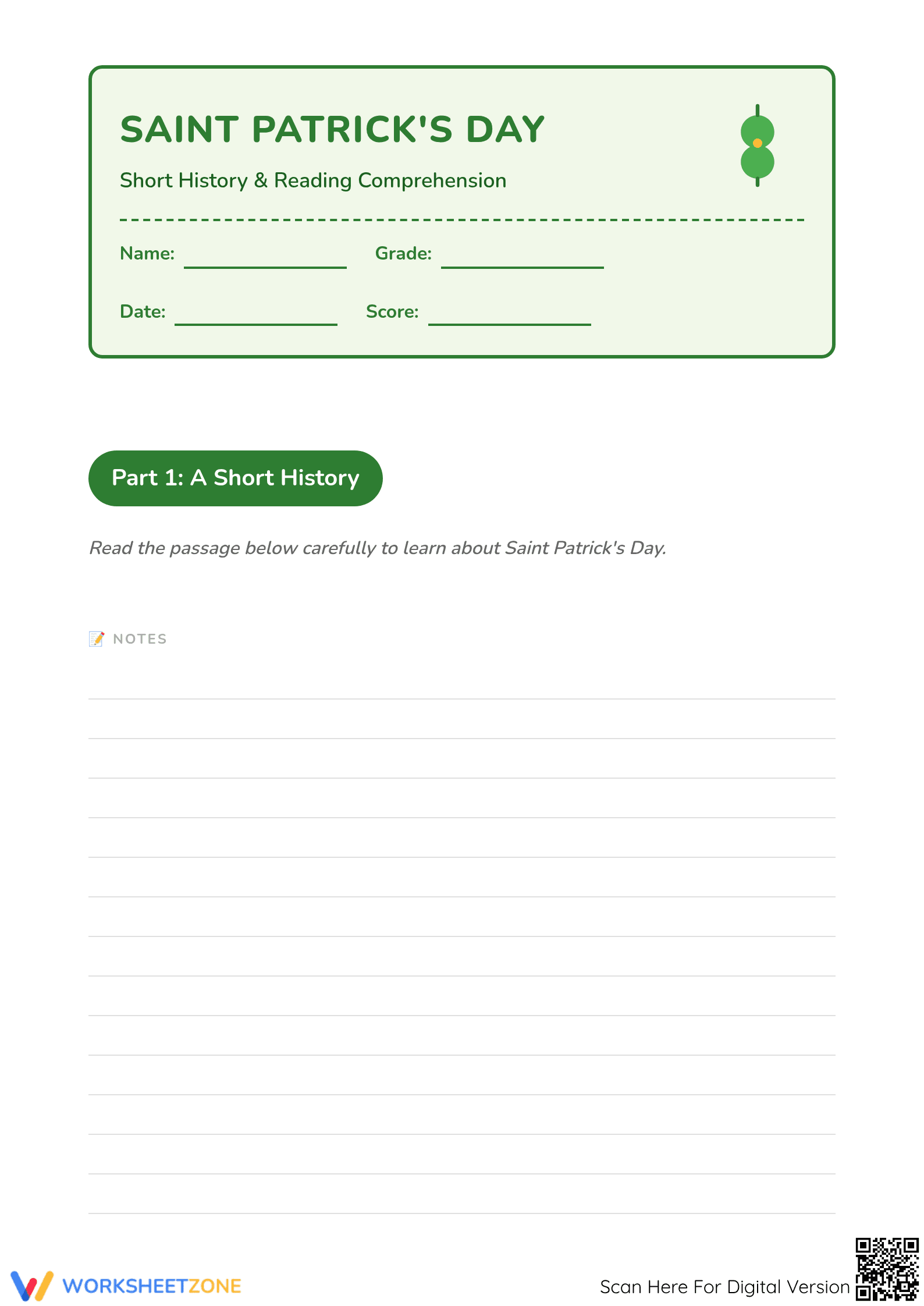 Grade 3 St. Patrick's Day Reading — Printable Worksheet - Page 1