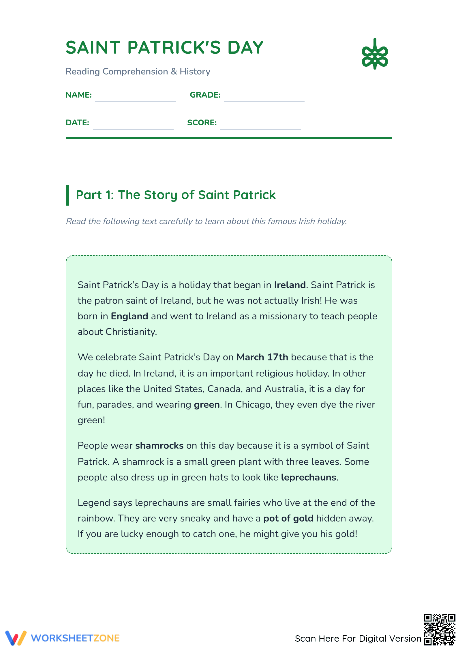 Printable St. Patrick's Day Reading Worksheet | Grade 3 - Page 1