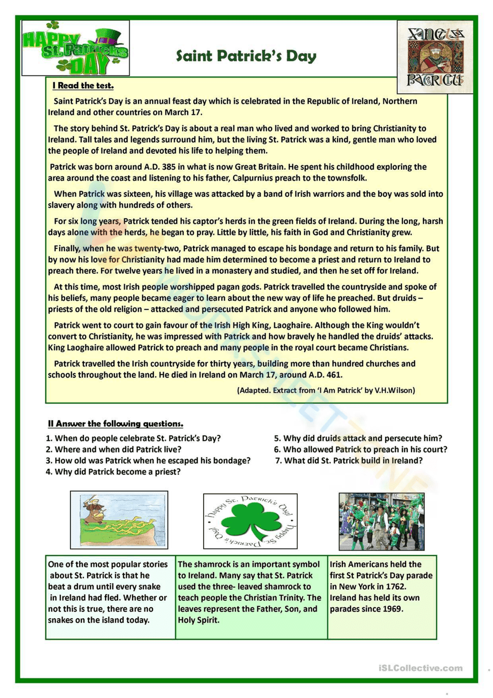 Saint Patrick's Day Reading Worksheet | Printable Grade 5 - Page 1