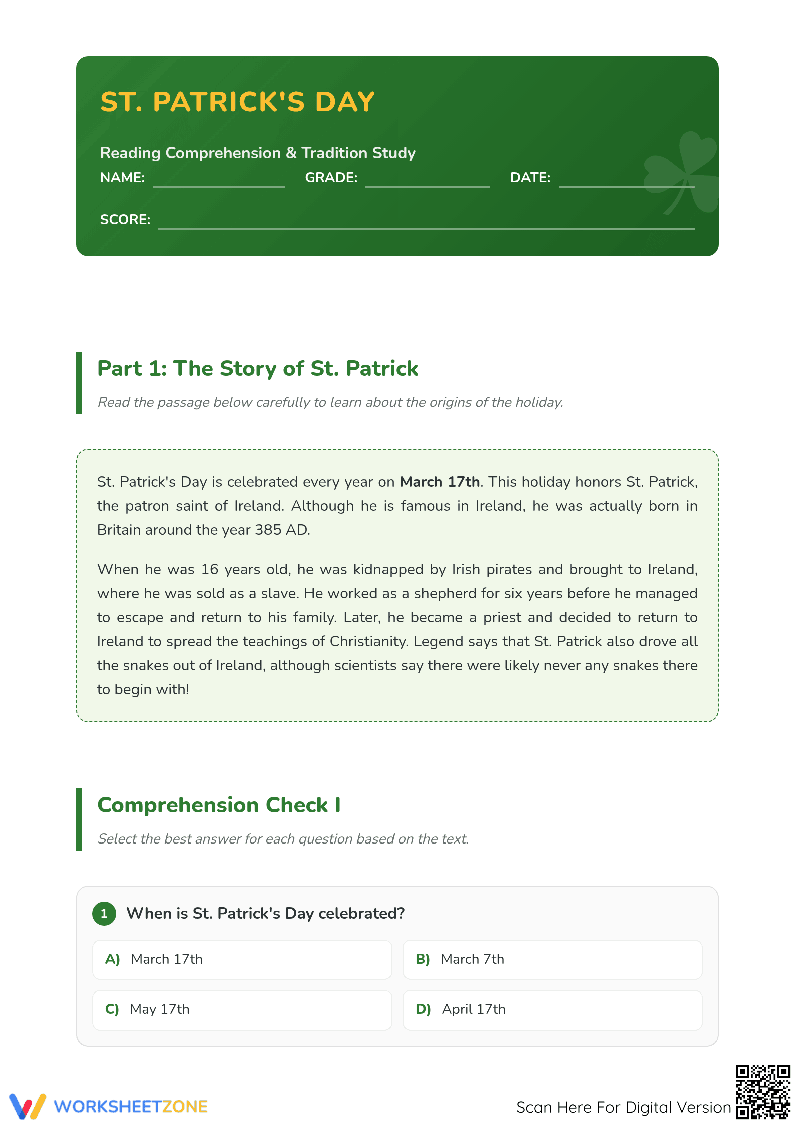 St. Patrick's Day Reading Guide | Grade 3 Essential - Page 1