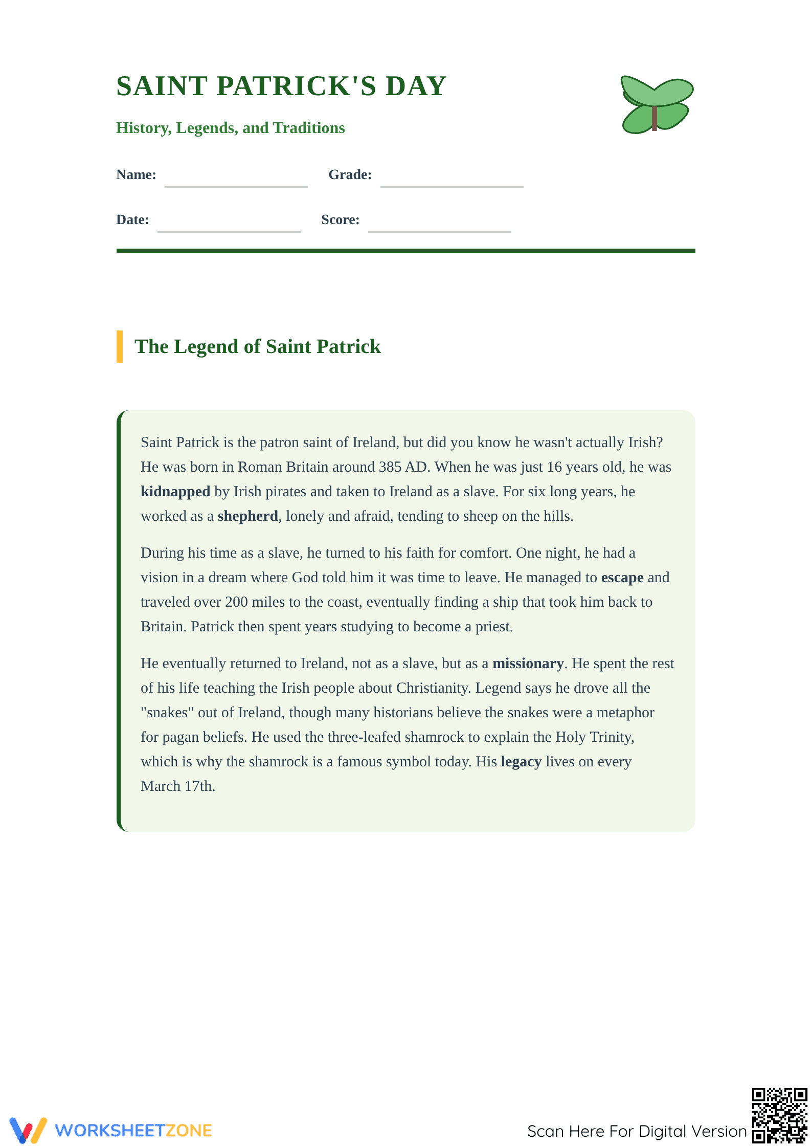 Saint Patrick's Day Reading Guide | Grade 4 Essential - Page 1