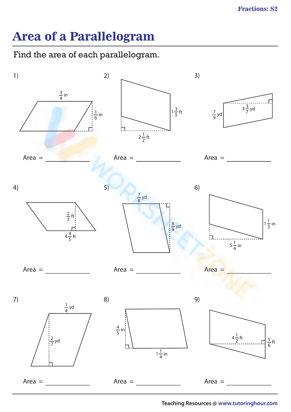 Find the Area of Parallelograms with Fractions - Page 1