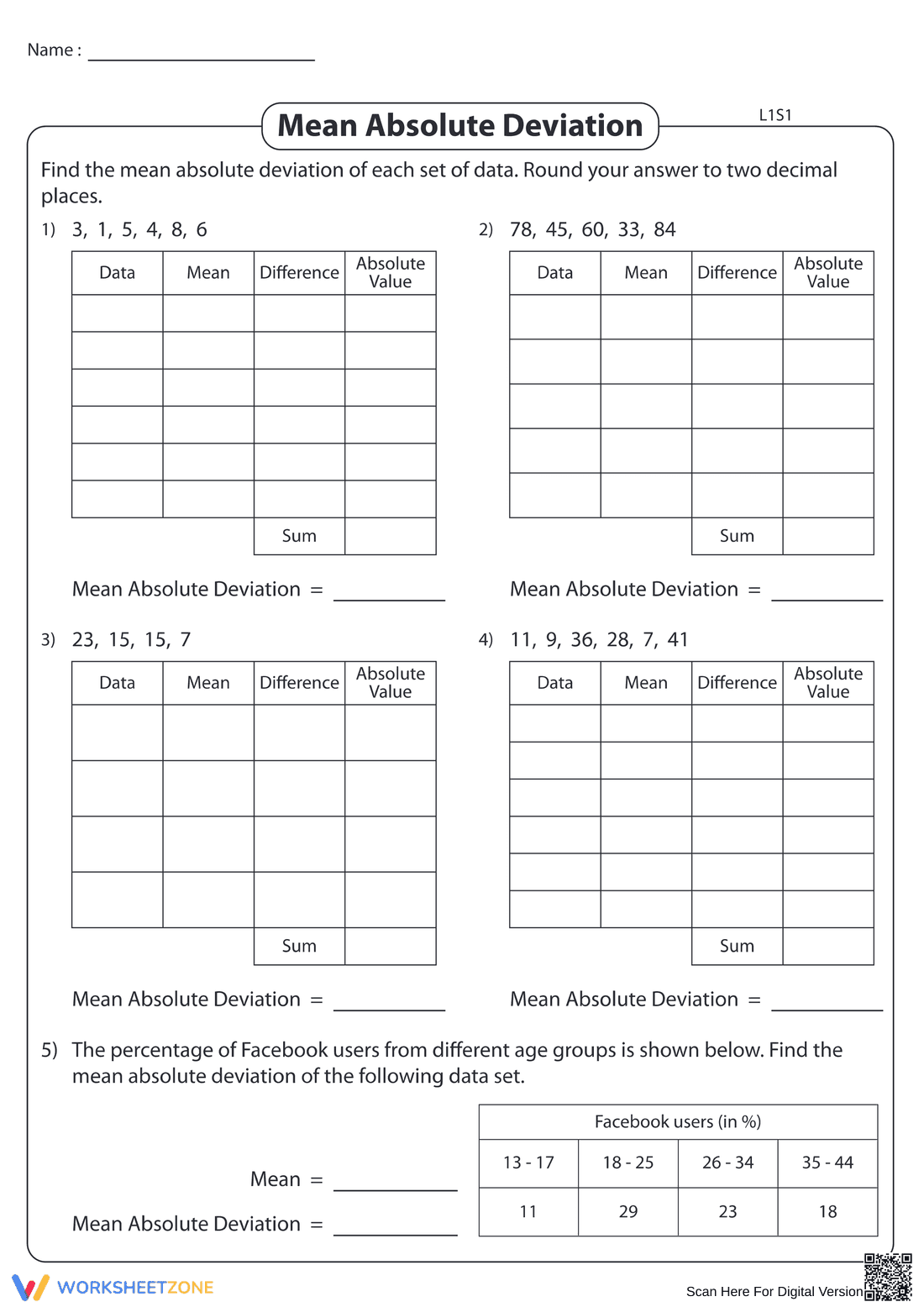 Calculate Mean Absolute Deviation: Level 1 Worksheet - Page 1