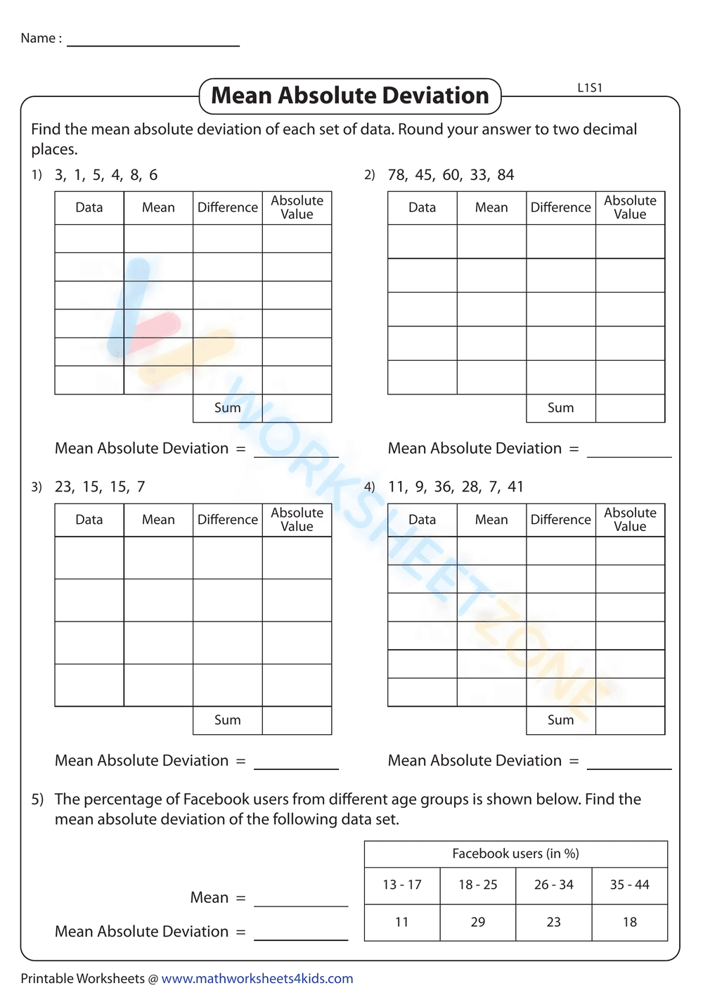 Calculate Mean Absolute Deviation: Level 1 Worksheet - Page 1
