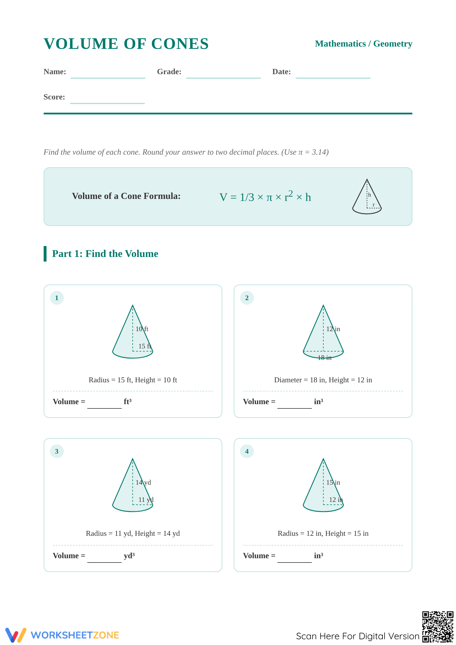 Printable Volume of Cones Worksheet | Grade 8 Math - Page 1