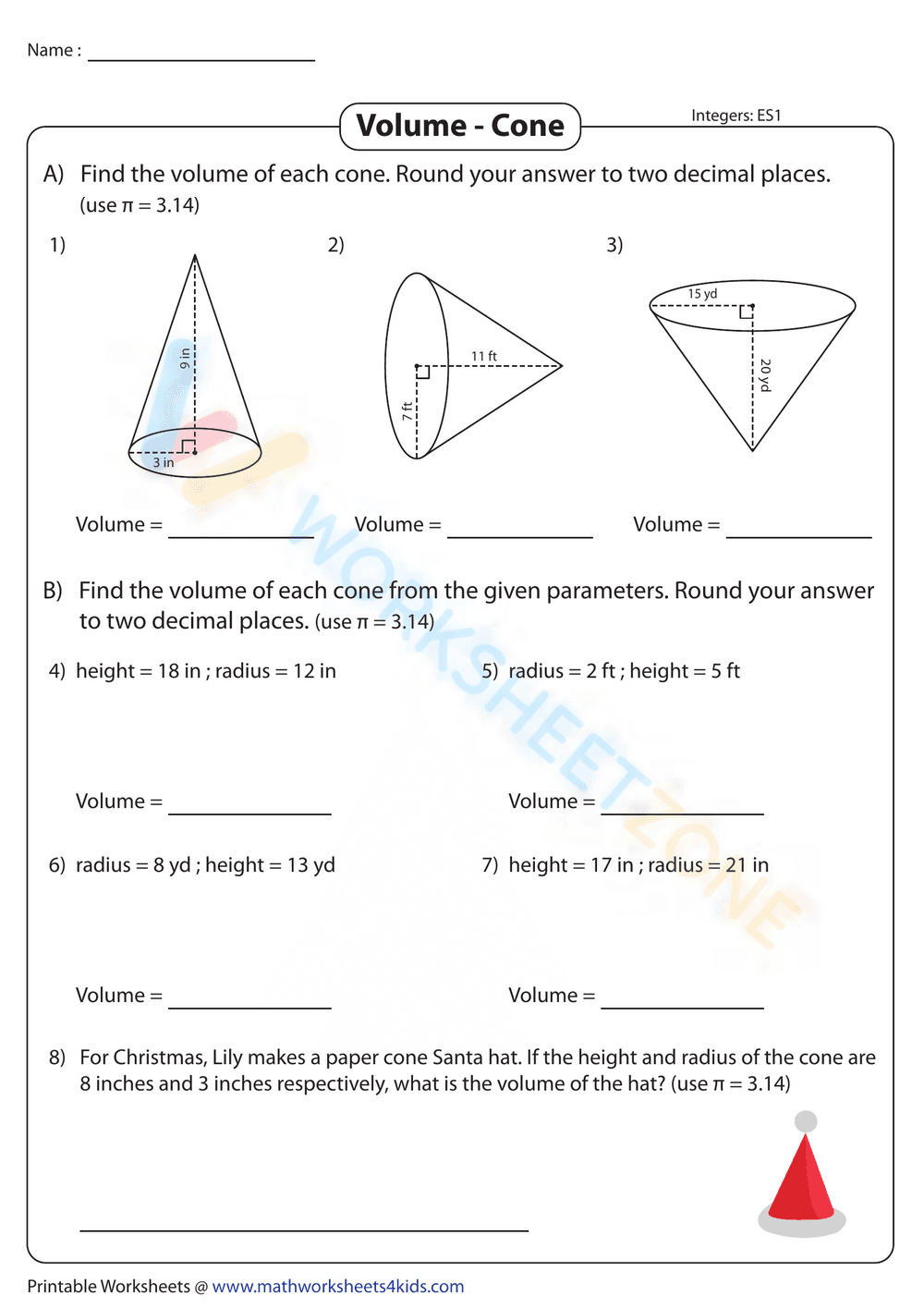 Volume of Cones | Integers - Easy - Page 1