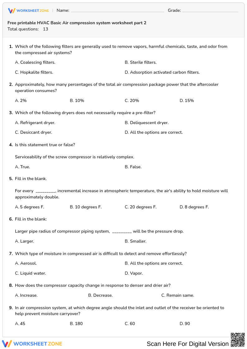 Free printable HVAC Basic Air compression system worksheet part 2 - Page 1
