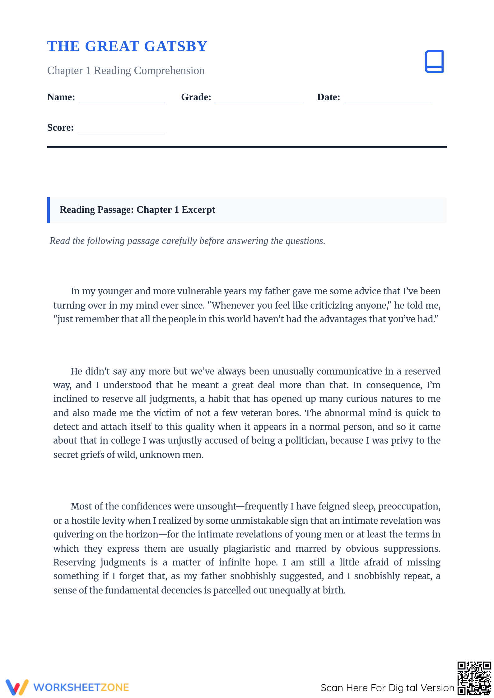 The Great Gatsby Chapter 1 Worksheet | Essential Grade 8 ELA - Page 1