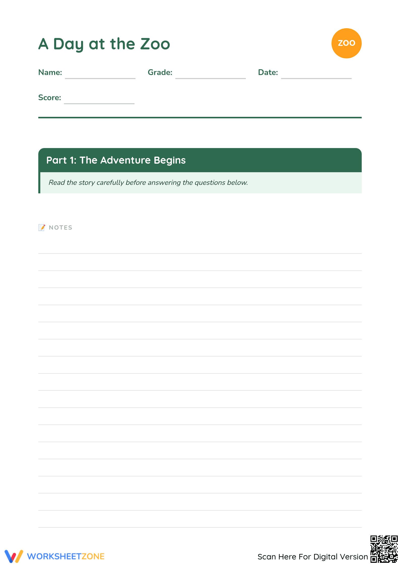 Grade 3-7 Reading: A Day at the Zoo Printable Worksheet - Page 1