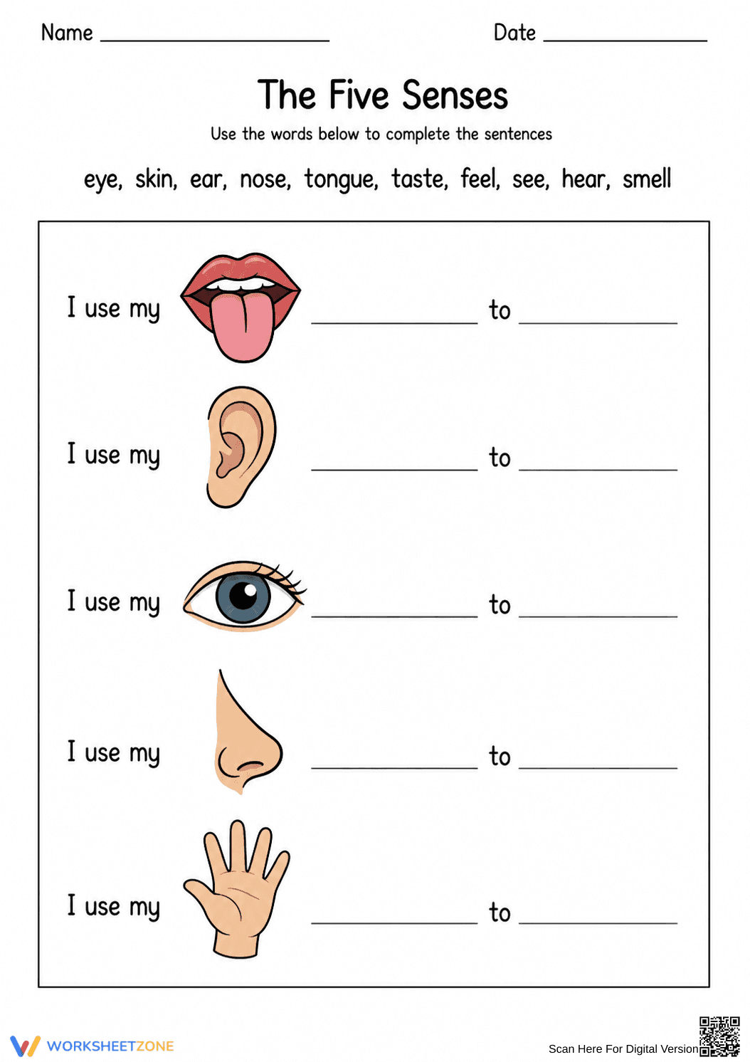 Printable 5 Senses Worksheet | Grade K Science - Page 1