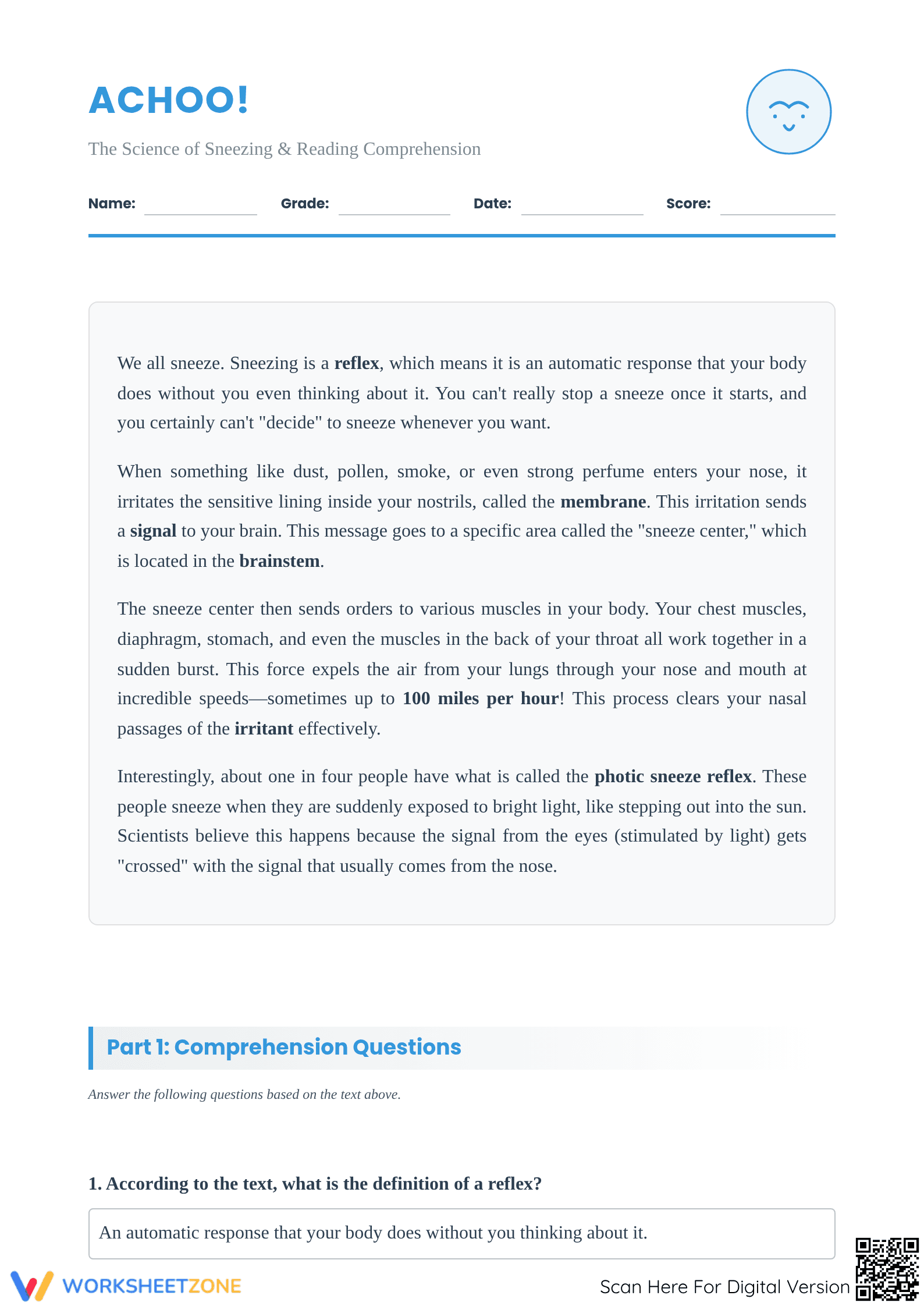 Achoo! Reading Comprehension | Essential Grade 6-10 ELA - Page 1