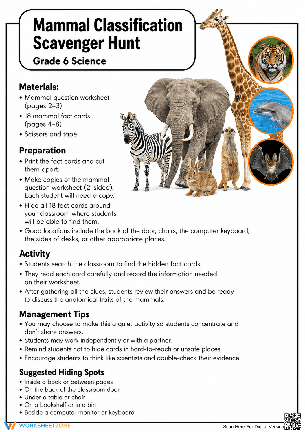 MS-LS4-2 Worksheet: Mammal Classification — Grade 6 Aligned - Page 1