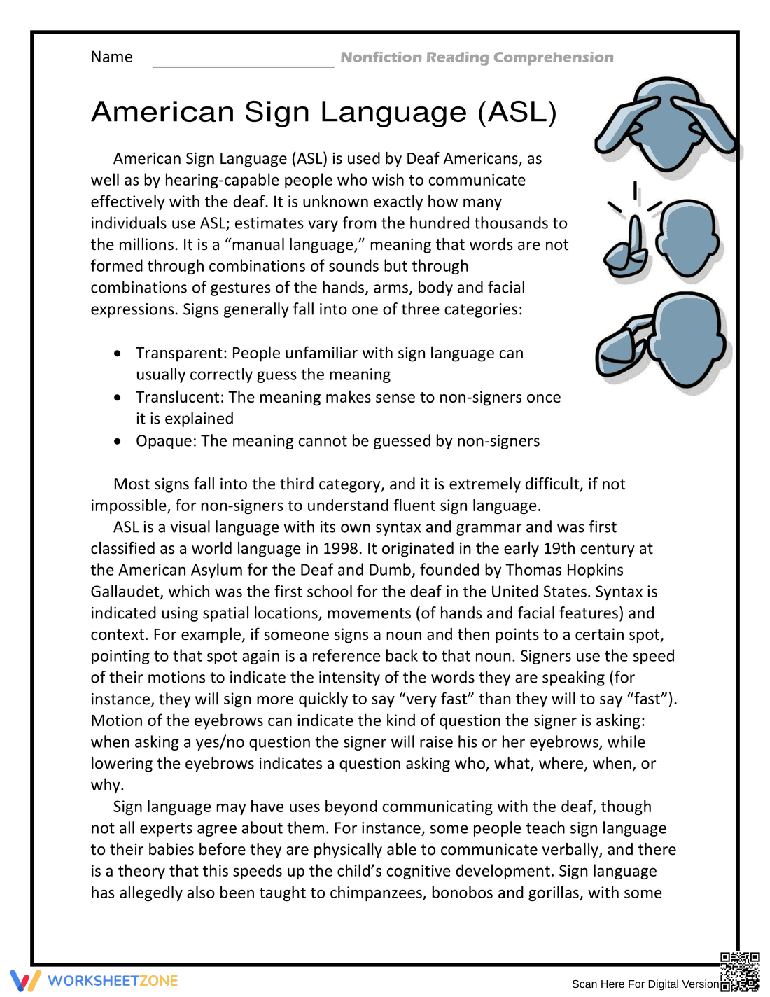 CCSS.RI.7.10 Worksheet: ASL Reading — Grade 7 Aligned - Page 1