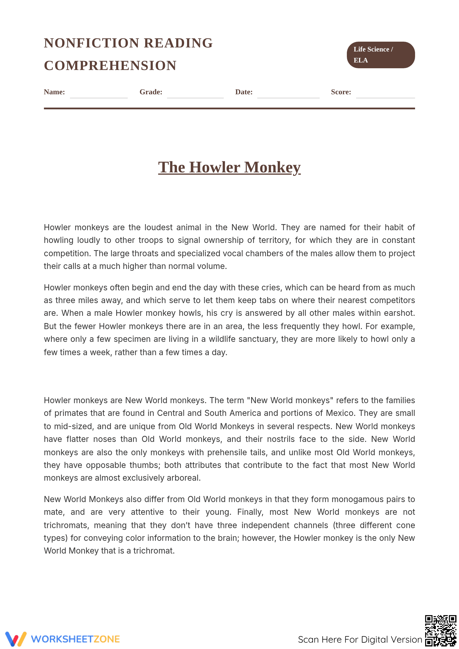 Essential Howler Monkey Reading Worksheet | Grade 7 ELA - Page 1