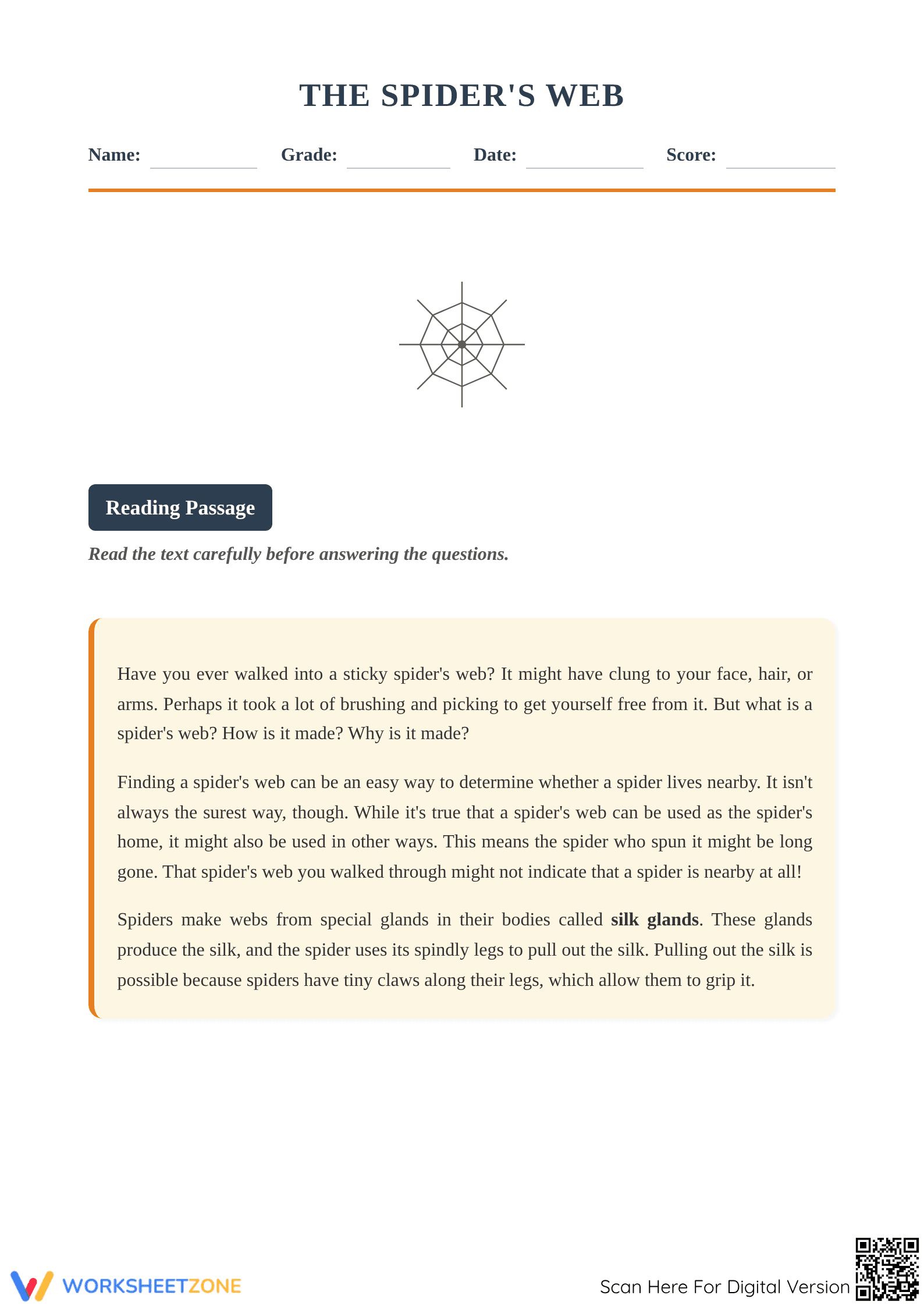 Grade 4 Reading Comprehension: The Spider's Web (Essential) - Page 1