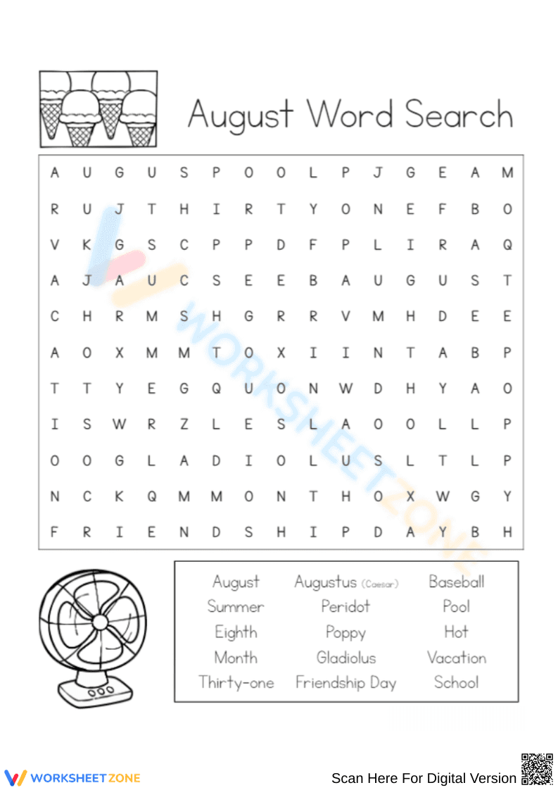 August-Themed Word Search Puzzle for Summer Learning - Page 1
