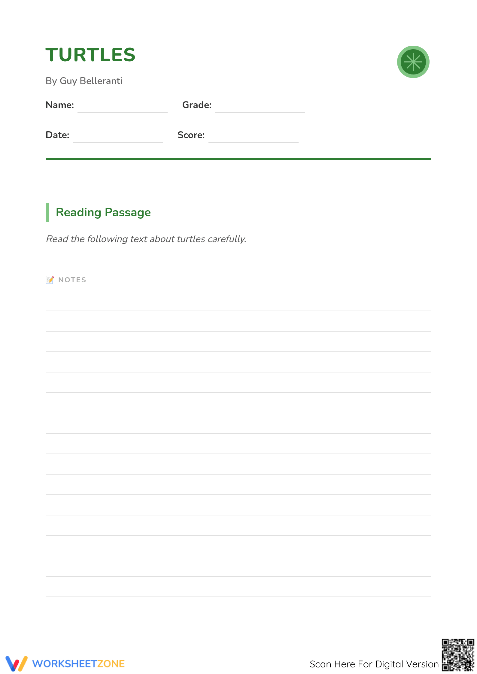Turtles Reading Comprehension Worksheet | Grade 4 Essential - Page 1