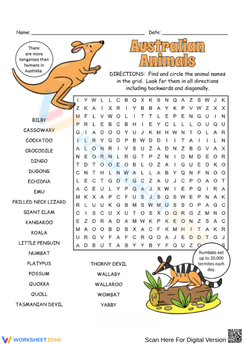 Australian Animals Word Search | Grade 4-5 Essential - Page 1