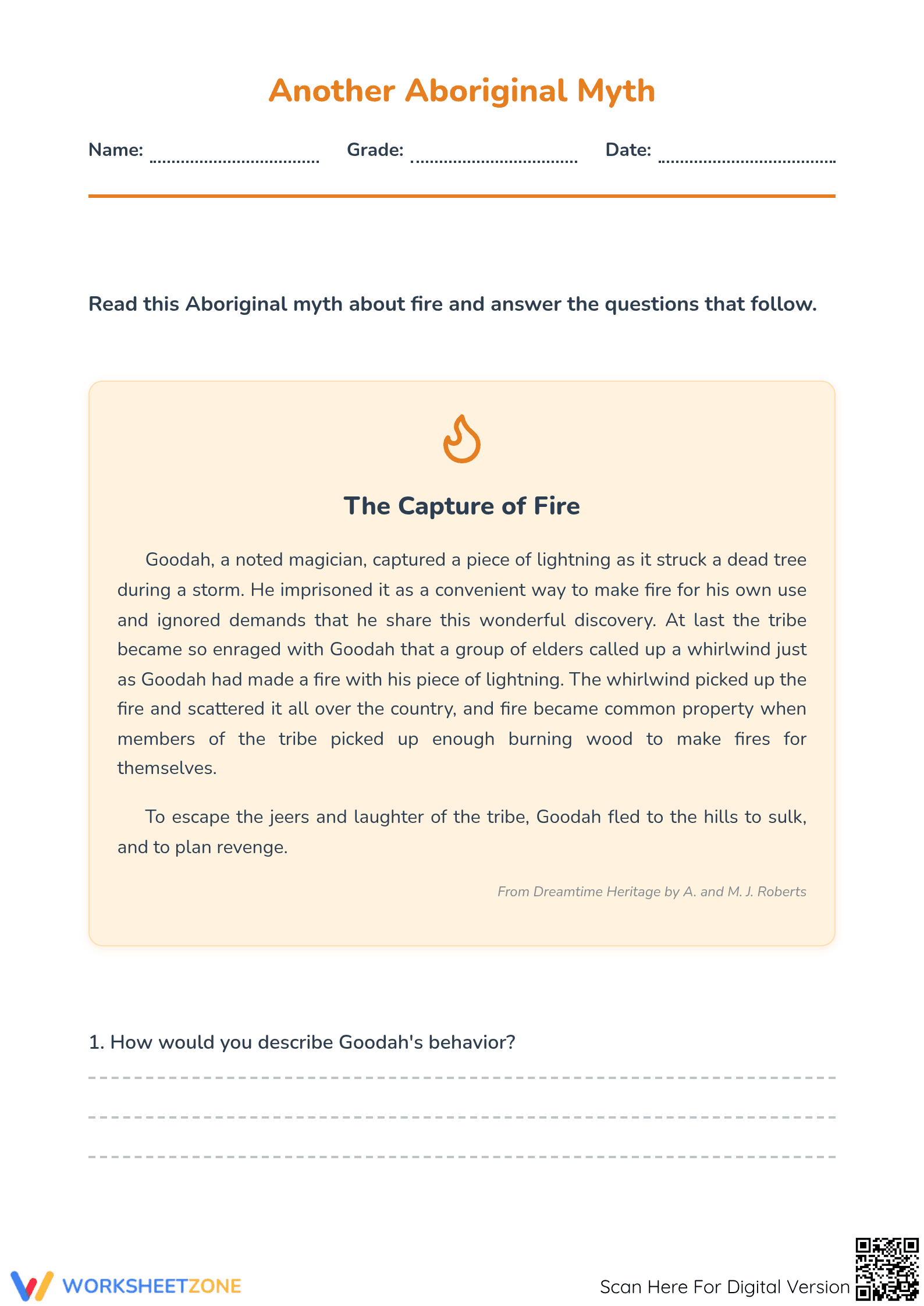 Grade 3 Aboriginal Myth — Printable No-Prep Worksheet - Page 1