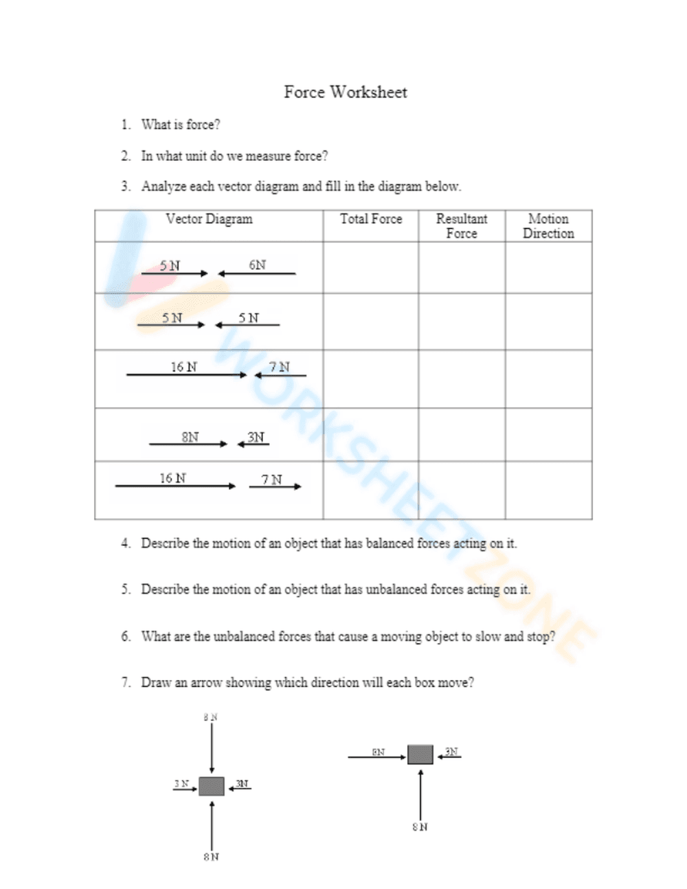 Force Worksheet for Understanding Motion and Forces - Page 1