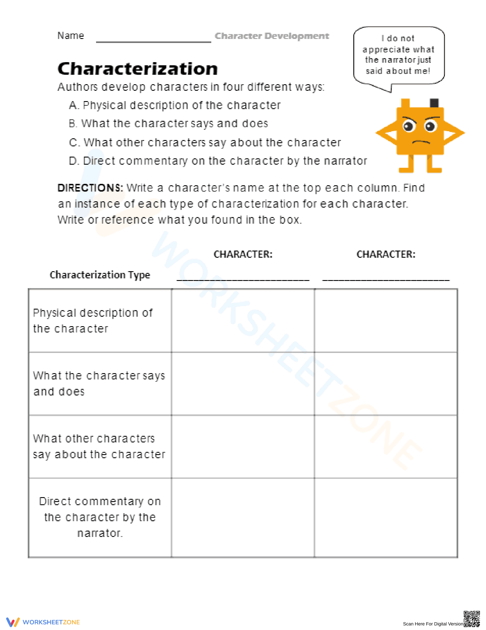 Worksheet to Describe Character Traits: Character 5 - Page 1