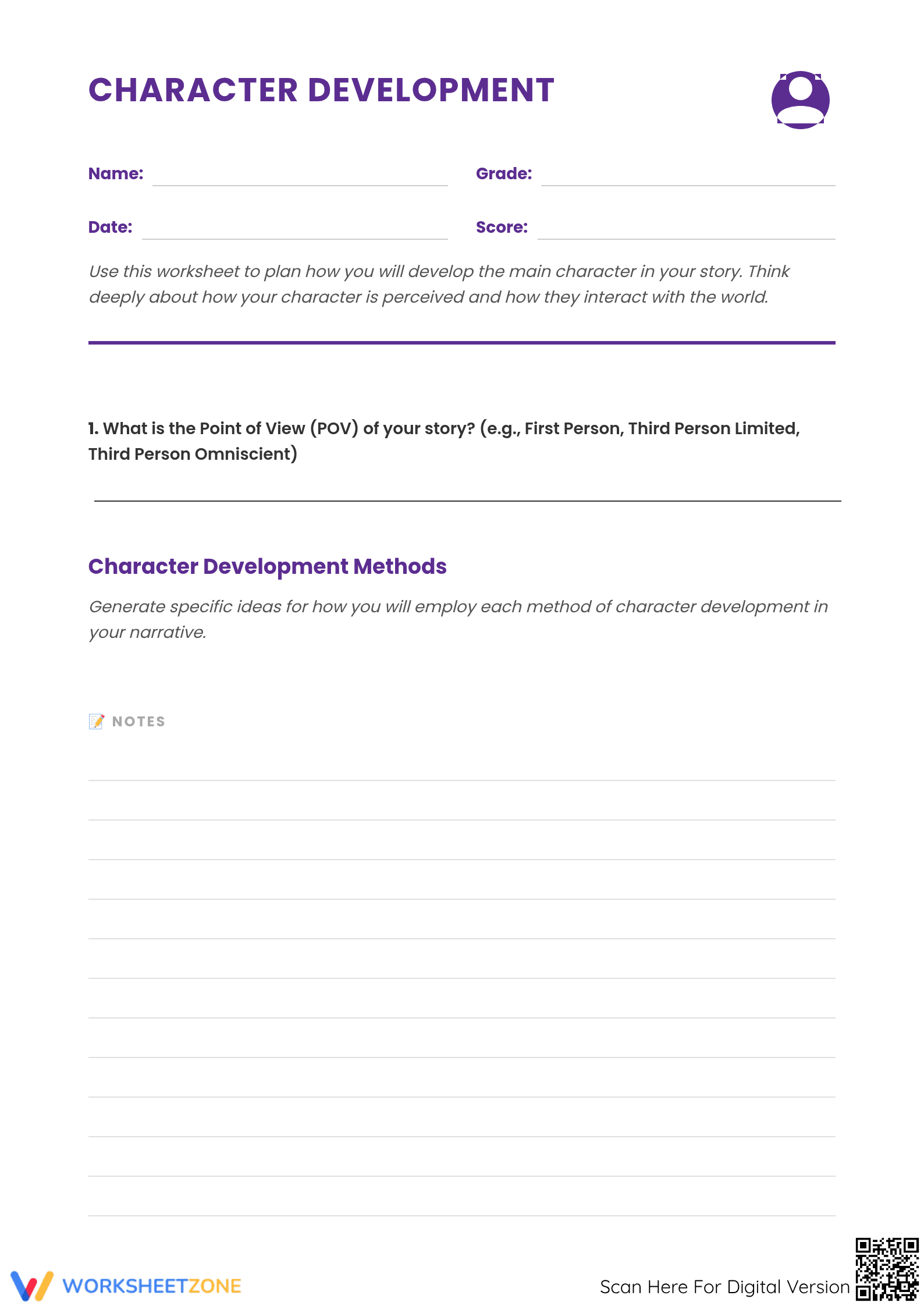 Character Development Planning Worksheet | Grade 6 Ready - Page 1