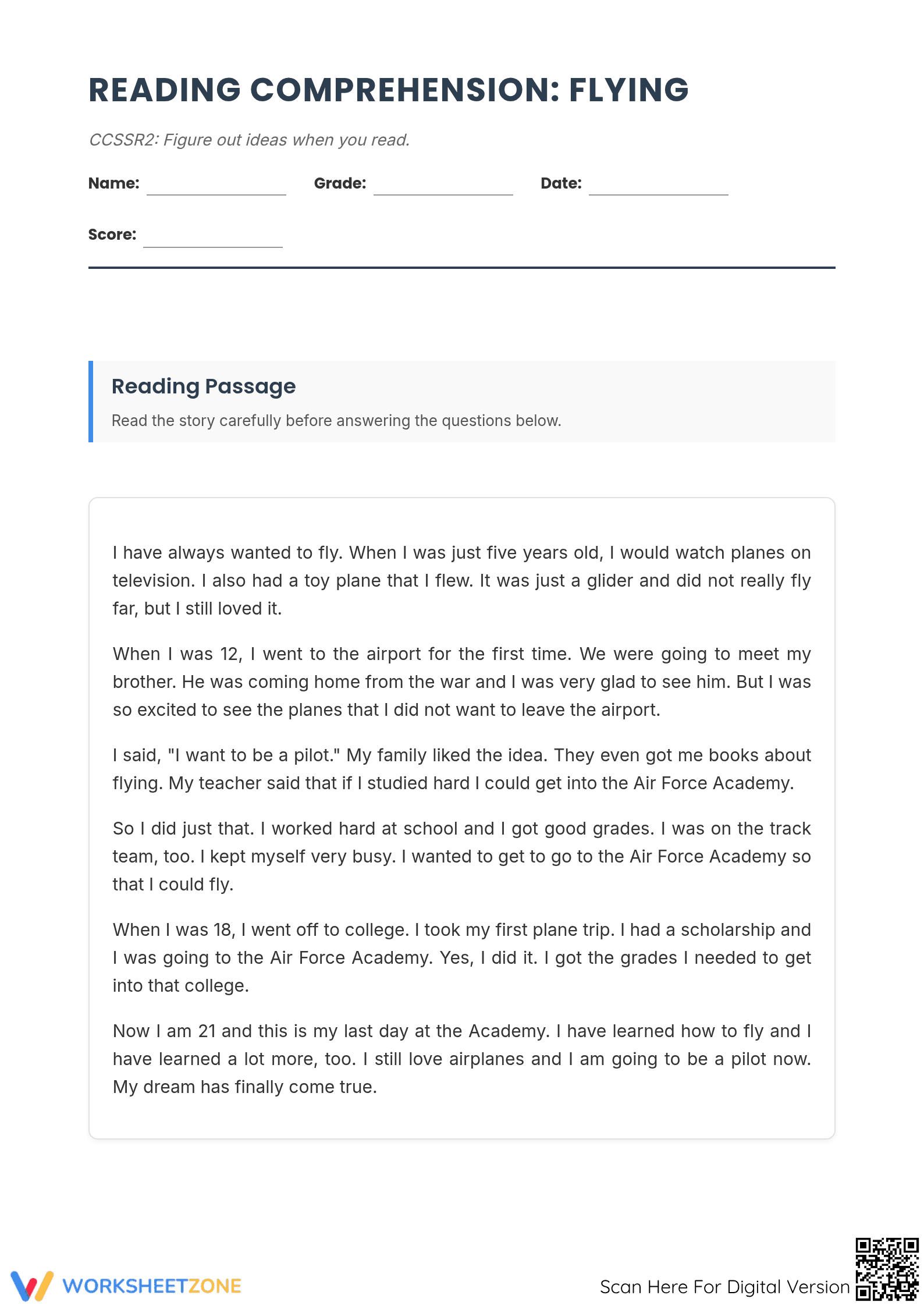 Grade 5-9 Close Reading Passage: Flying | Essential Practice - Page 1
