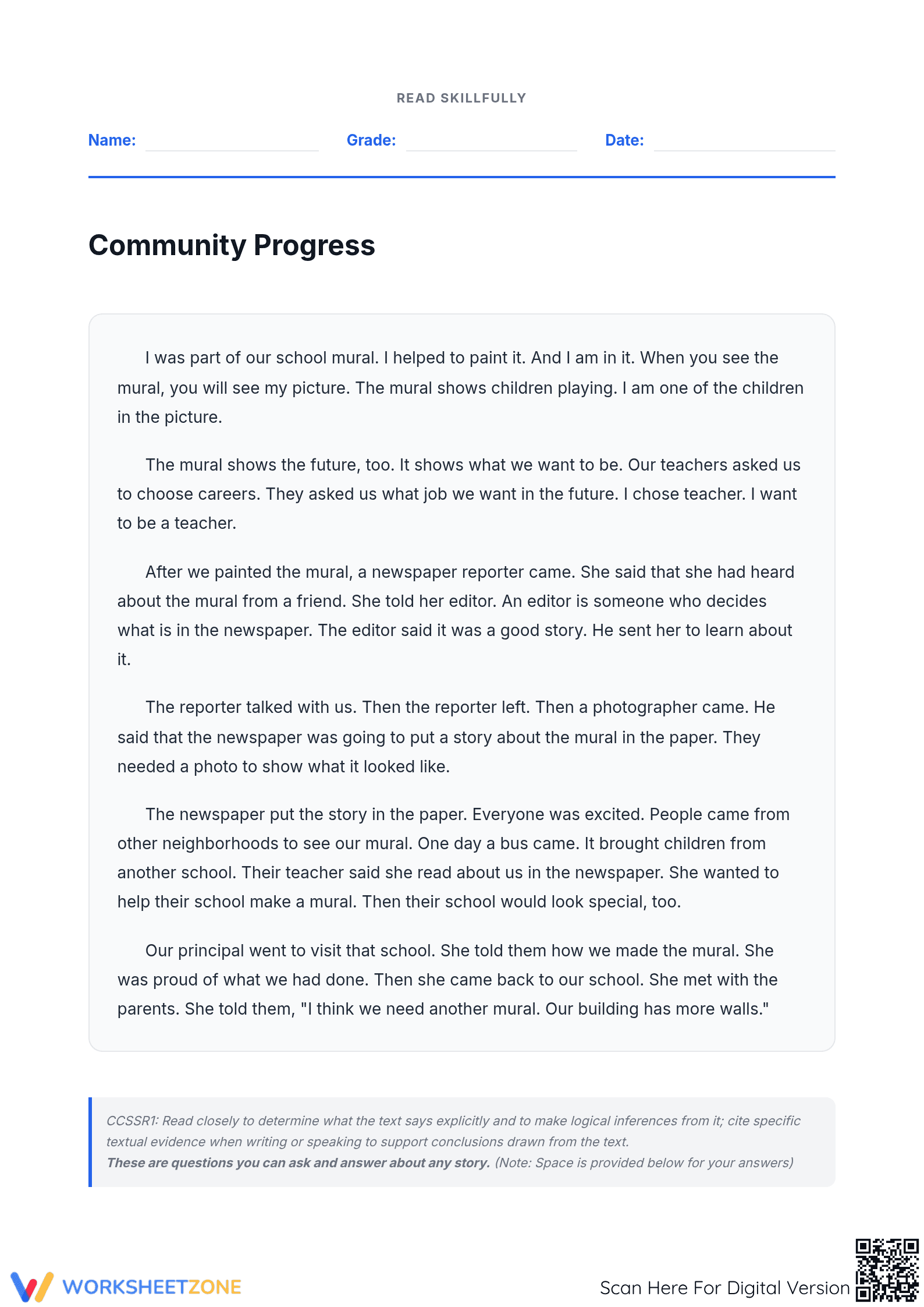 CCSSR1 Close Reading: Community Progress — Essential - Page 1