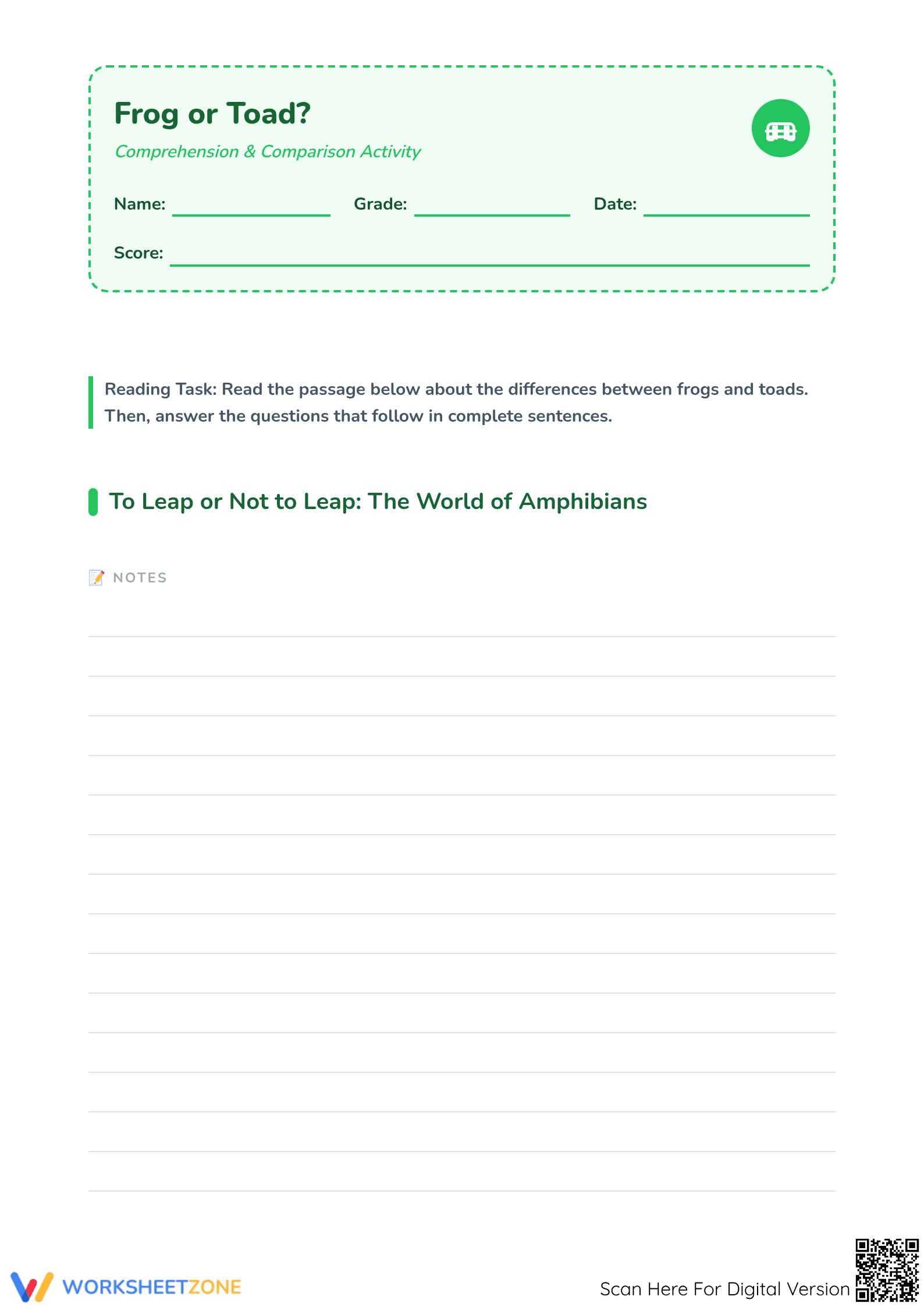 Frog or Toad? Essential Compare and Contrast Worksheet - Page 1