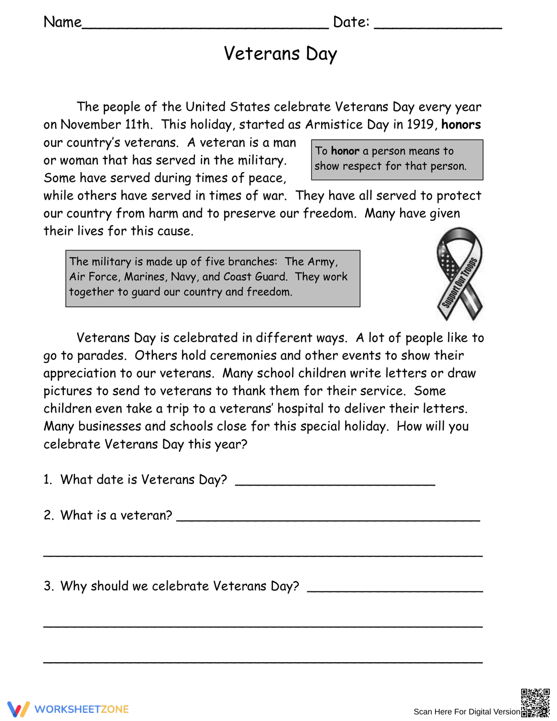 Veterans Day Reading Worksheet | Printable Grade 5 ELA - Page 1