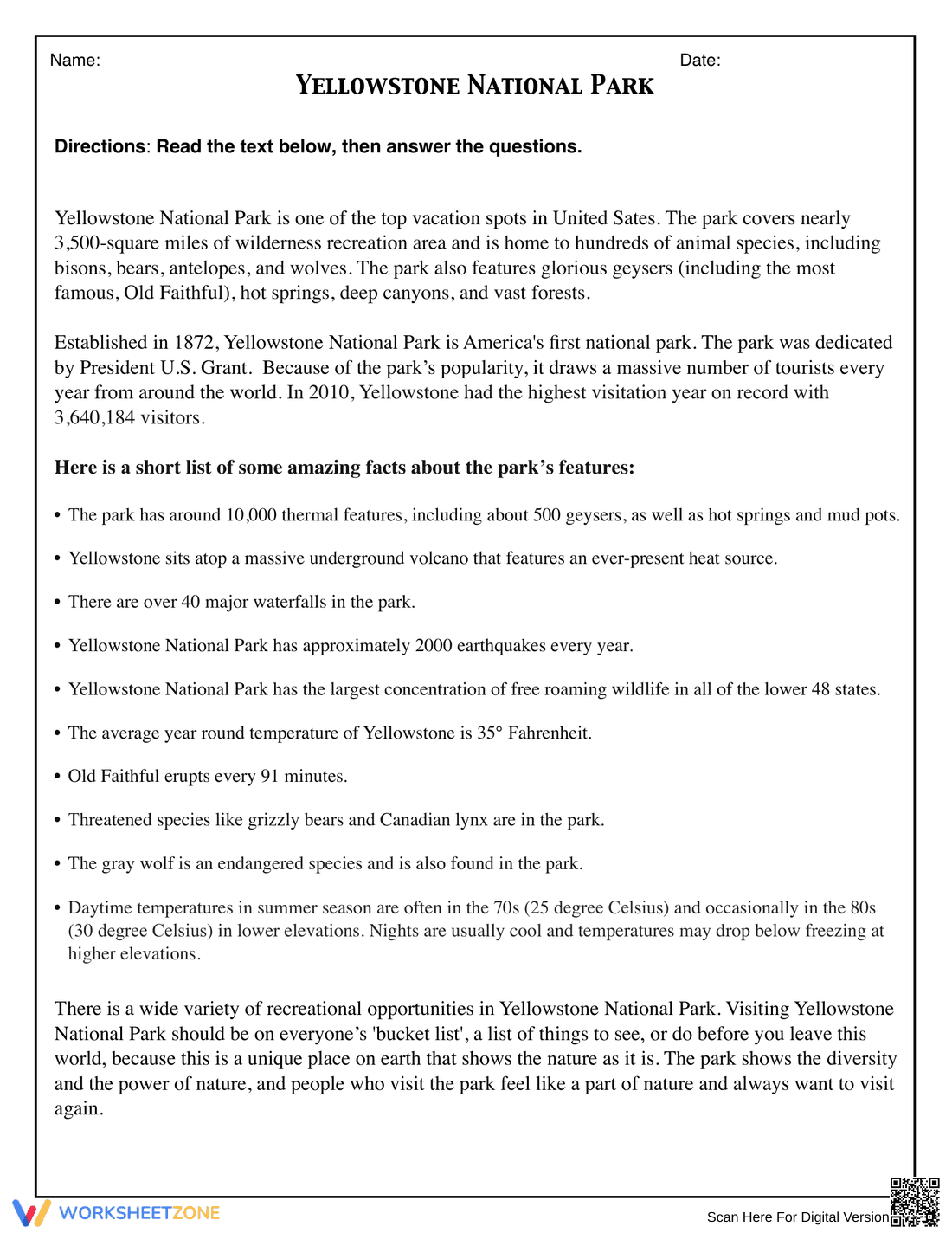 Grade 5 Yellowstone Park — Printable No-Prep Worksheet - Page 1