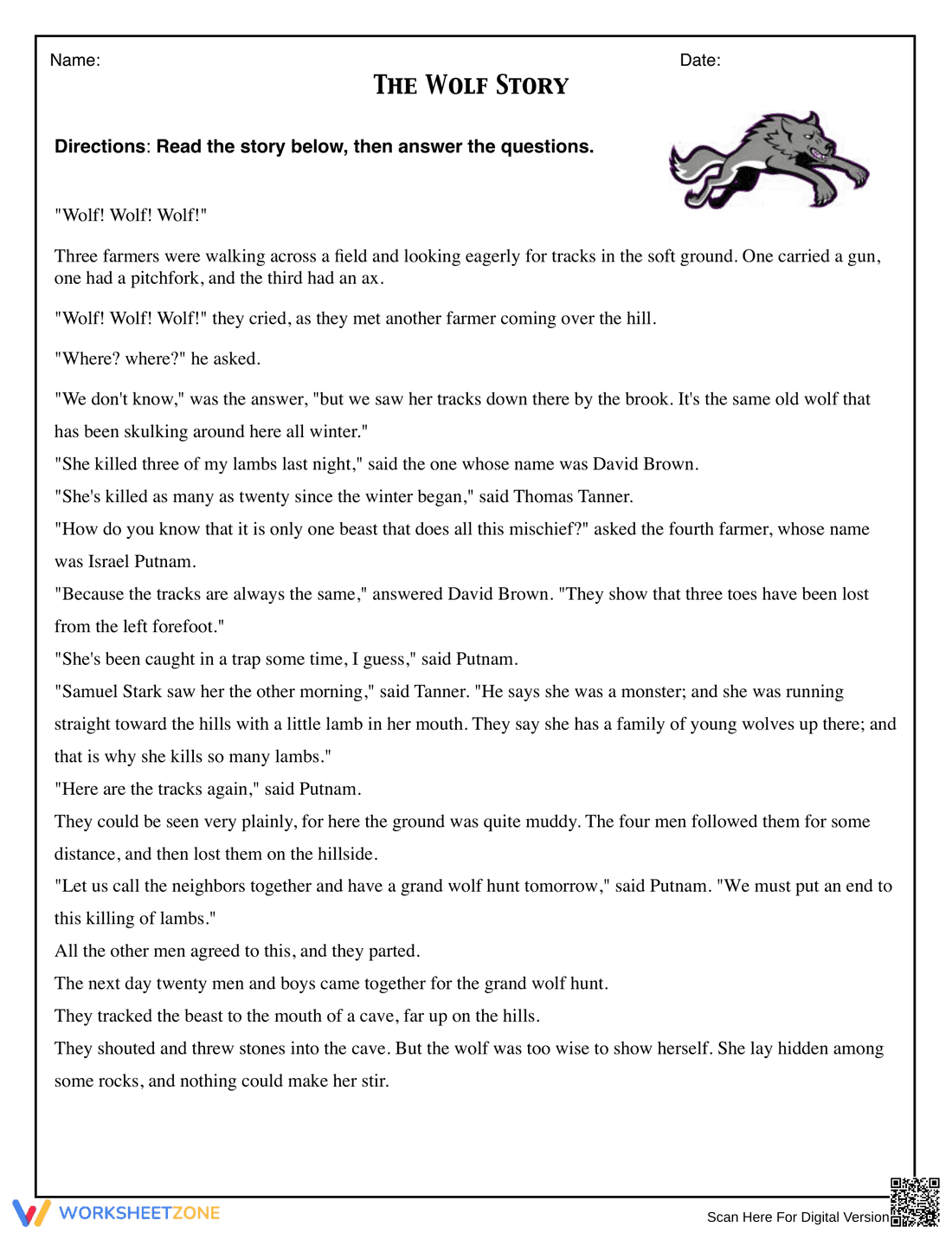 Printable Wolf Story Reading Worksheet | Grade 5-8 - Page 1