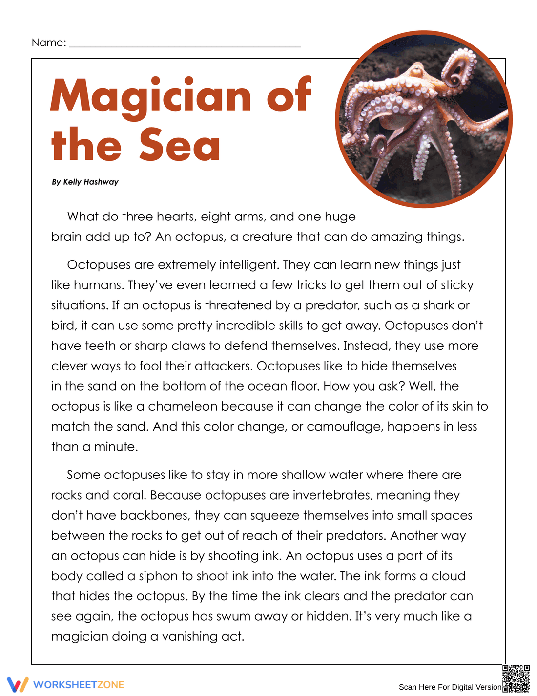 Grade 4 Octopus Reading Passage — Printable ELA - Page 1