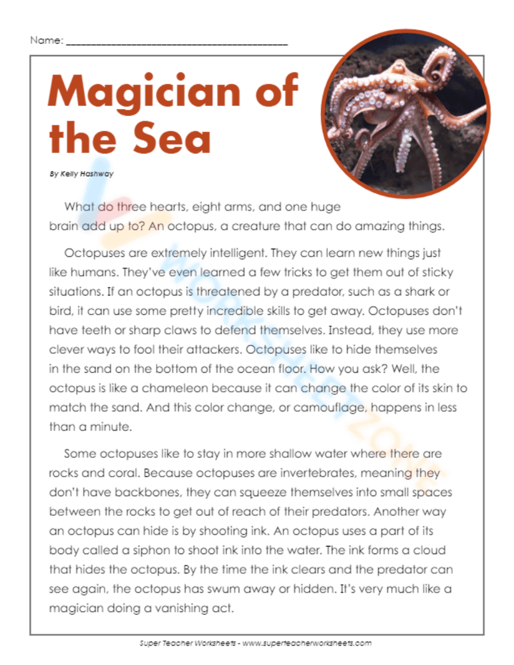 Grade 4 Octopus Reading Passage — Printable ELA - Page 1