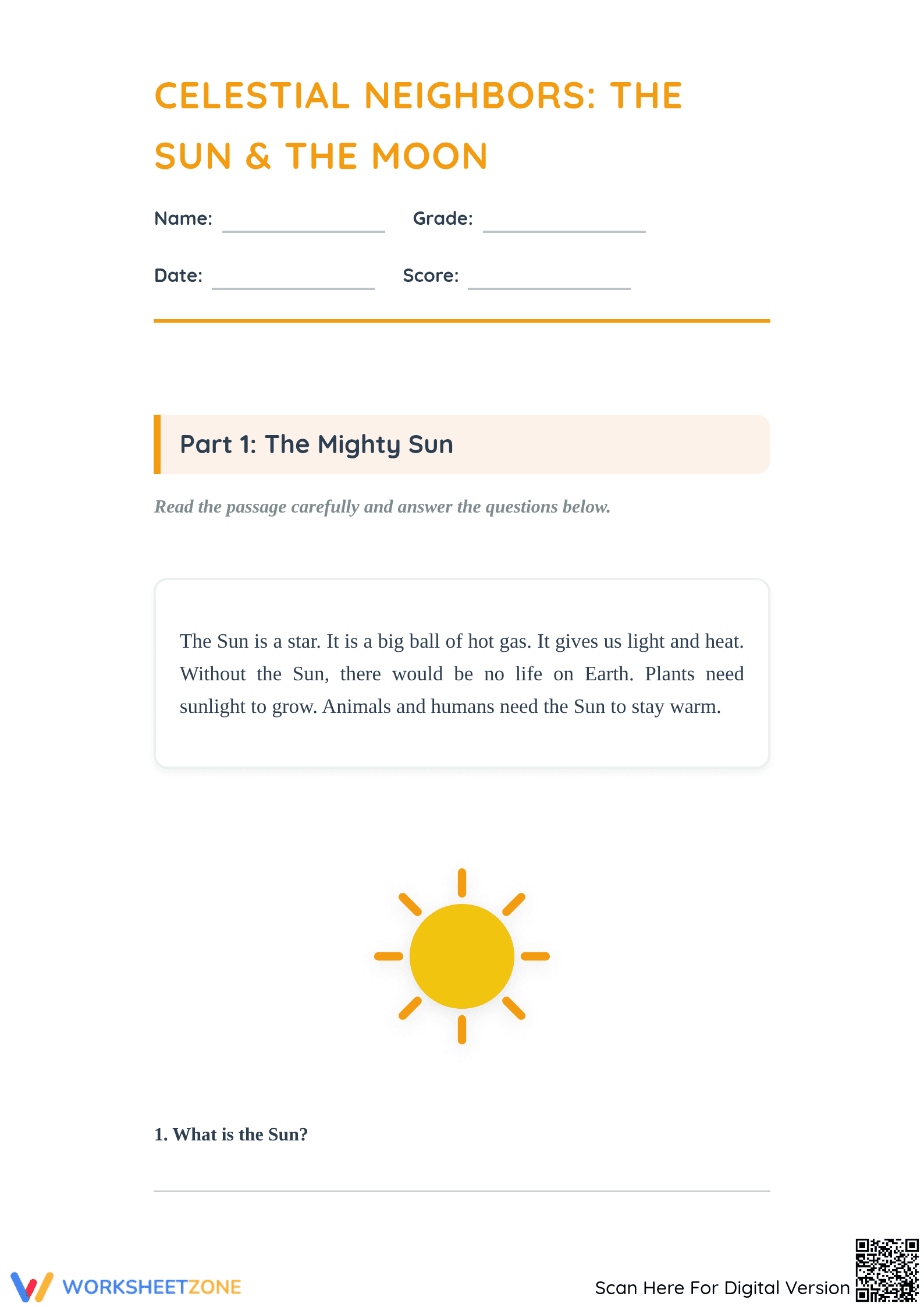 Sun and Moon Reading Comprehension | Essential Grade 2 ELA - Page 1