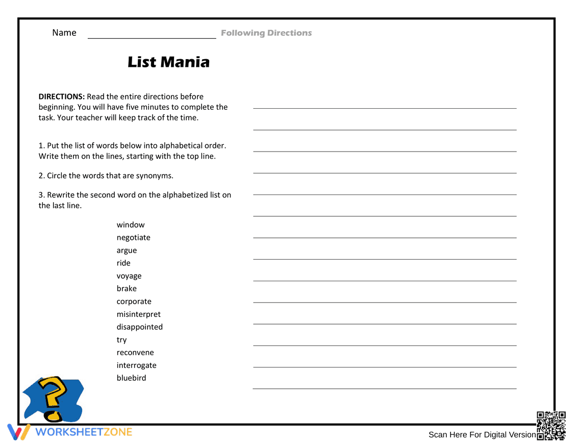 List Mania: Alphabetizing and Synonyms Worksheet - Page 1