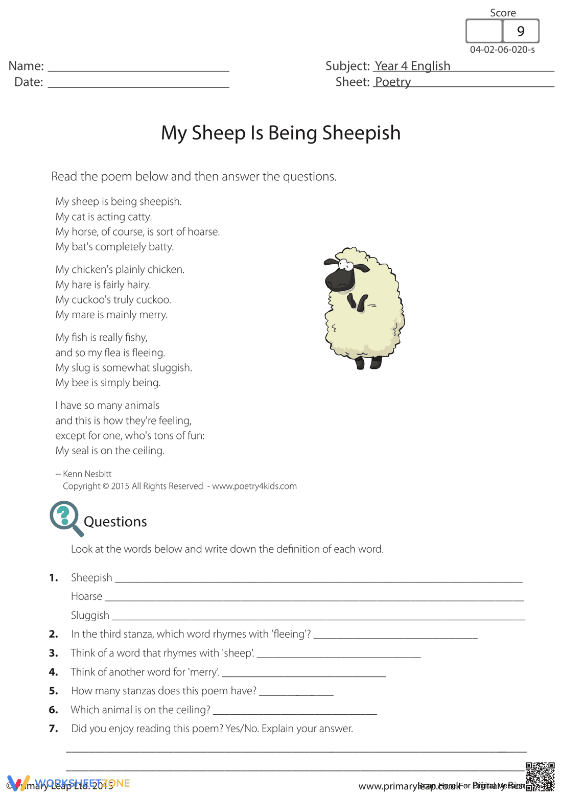 Grade 4 Poetry Analysis — Printable No-Prep Worksheet - Page 1