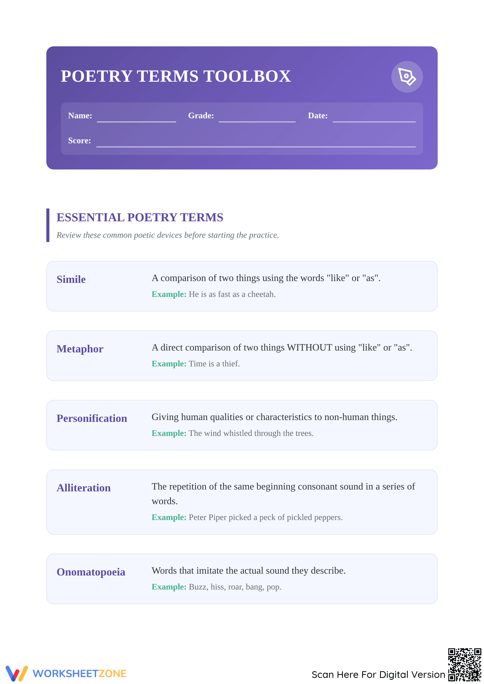 Essential Poetry Terms Worksheet | Grade 3-5 Ready - Page 1
