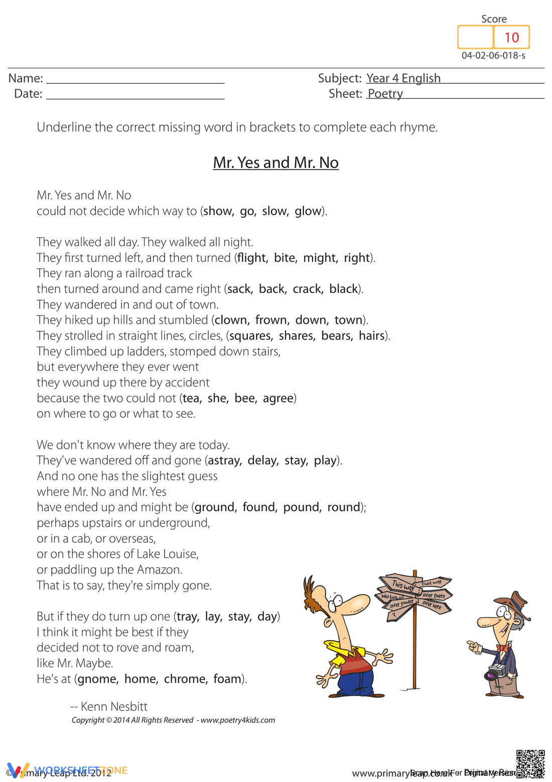 Grade 4 Poetry Rhymes — Printable No-Prep Worksheet - Page 1