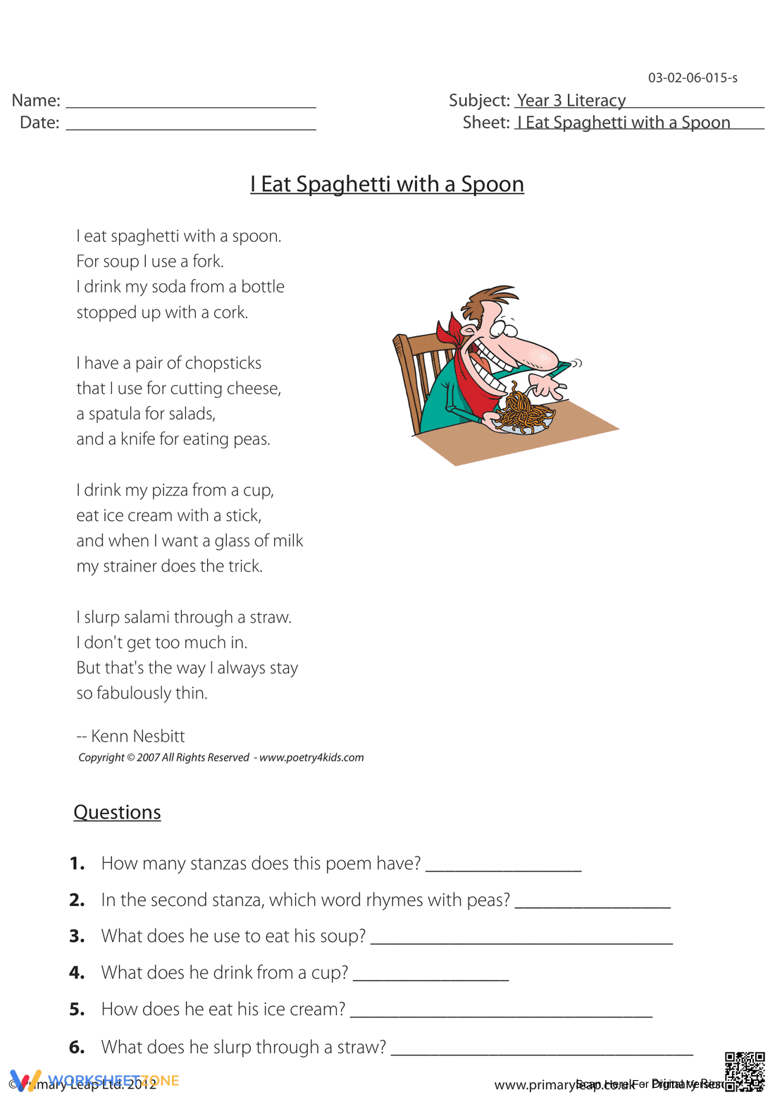 Poetry Comprehension Printable Worksheet | Grade 3 - Page 1