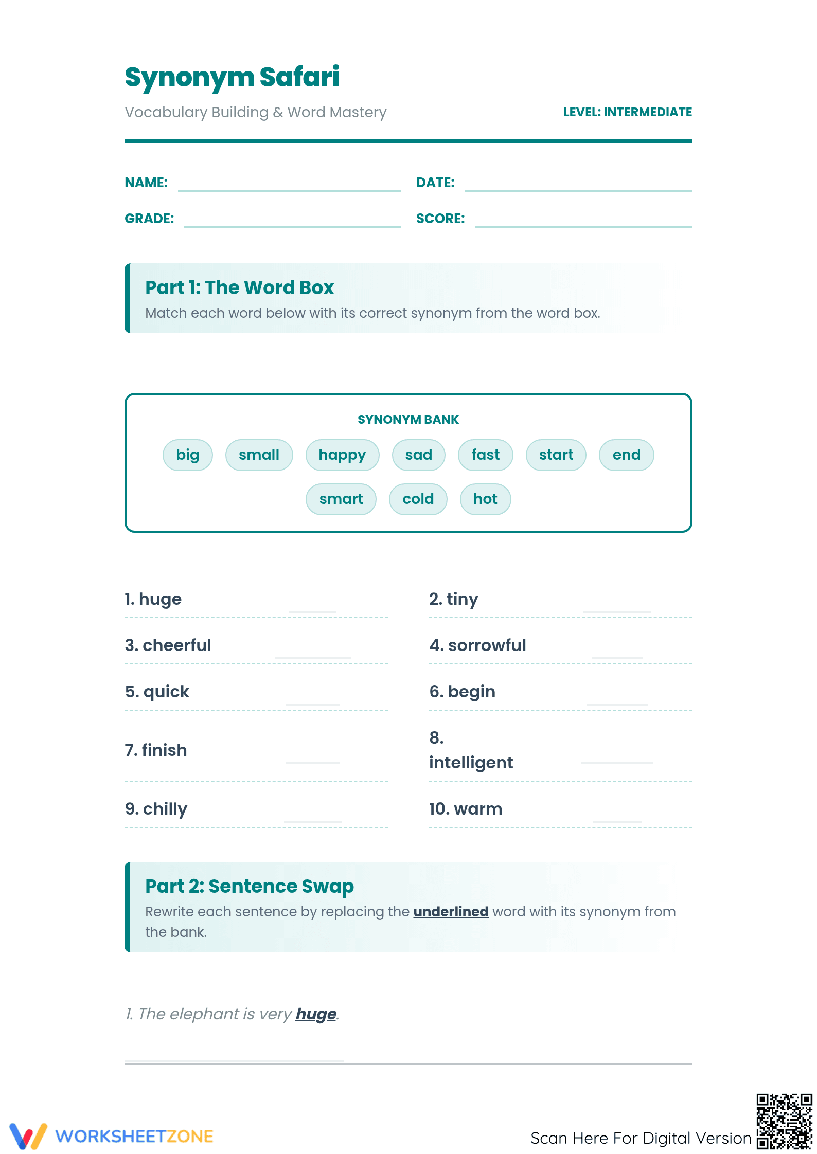 Printable Synonym Safari Worksheet | Grade 5-9 ELA - Page 1