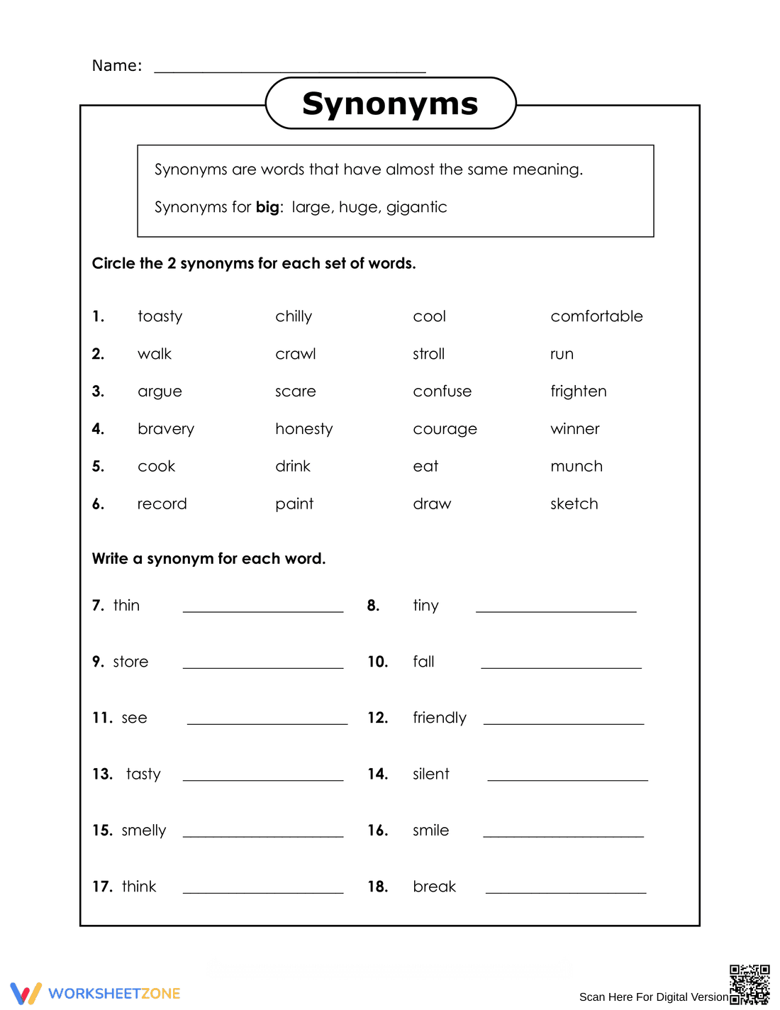Grade 5 Synonyms — Printable No-Prep Worksheet - Page 1