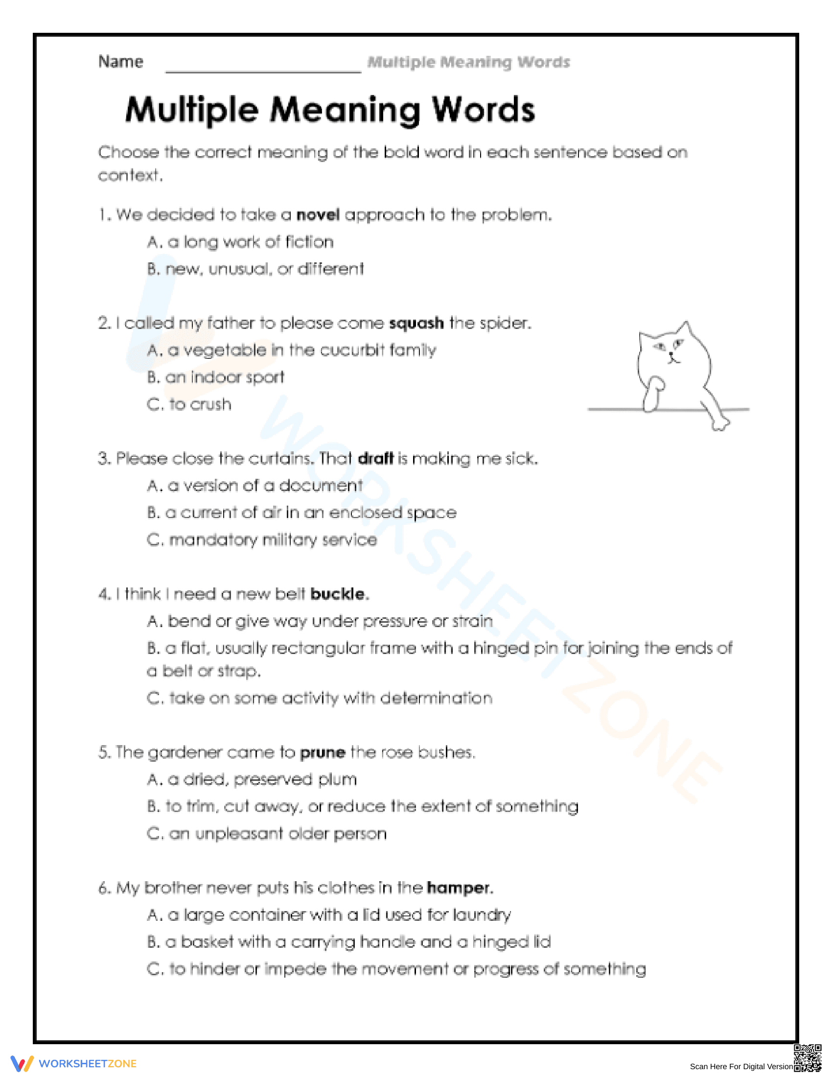 Grade 6 Multiple Meaning Words — Printable Worksheet - Page 1