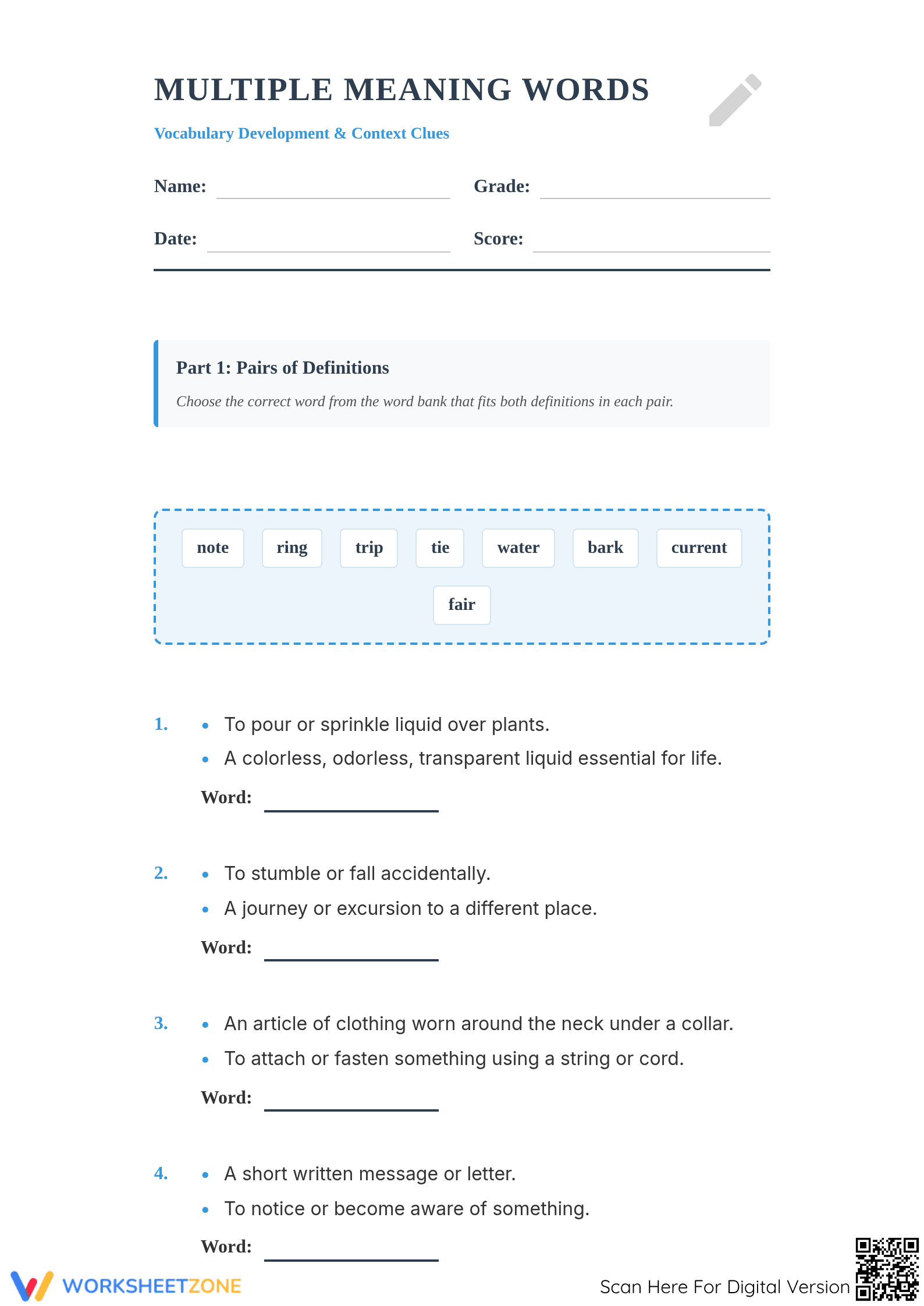 Multiple Meaning Words Worksheet | Grade 6-9 Essential - Page 1